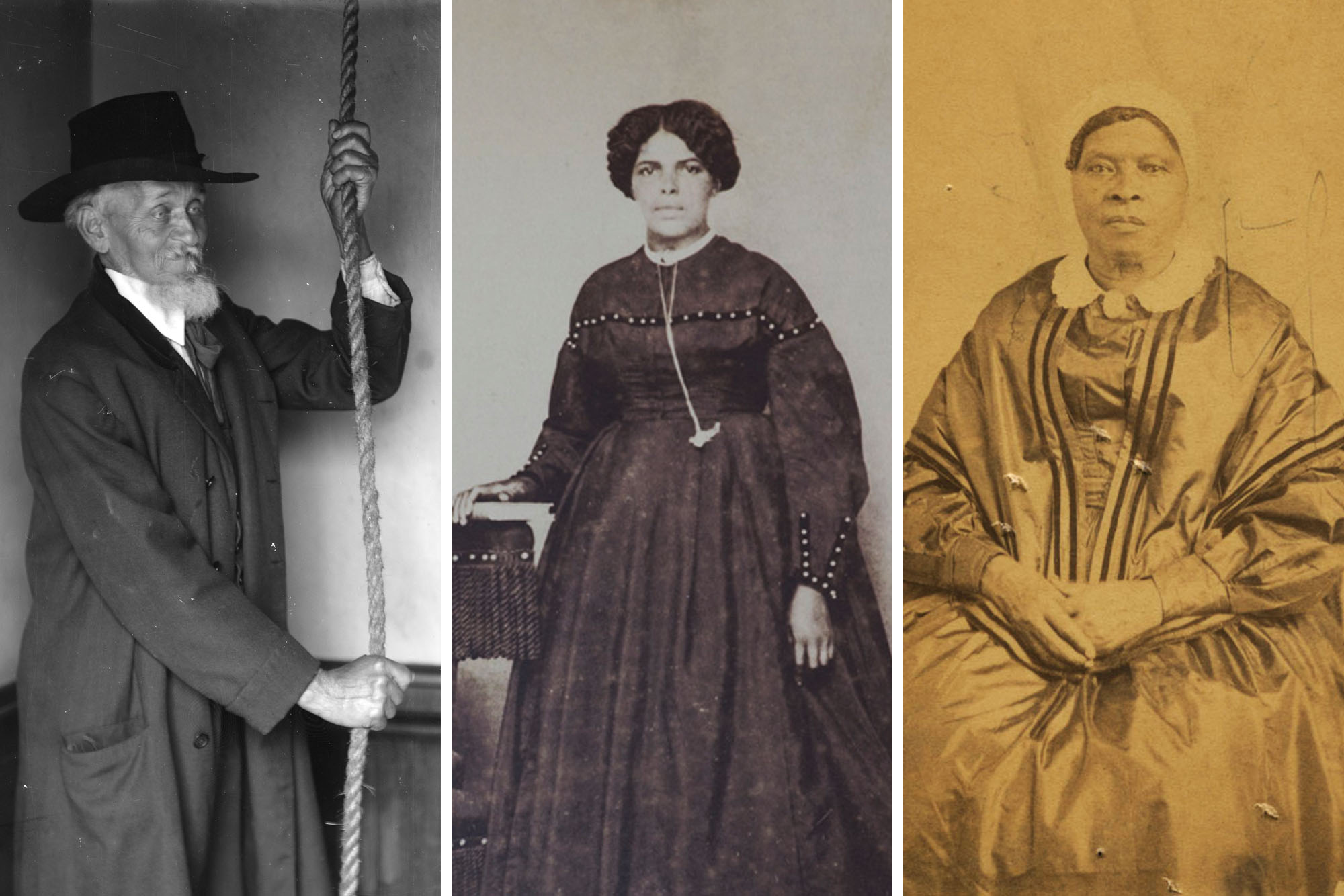 Headshots of form enslaved workers: Henry Martin, left, Isabella Gibbons, middle, Sally Cottrell Cole, right