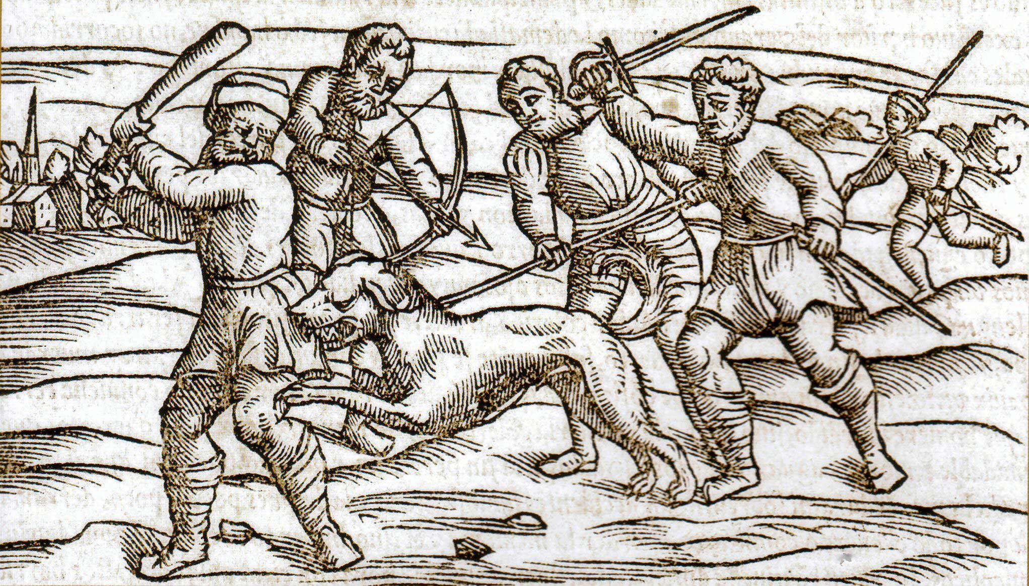 drawing of villagers attacking a dog that is attacking a villager
