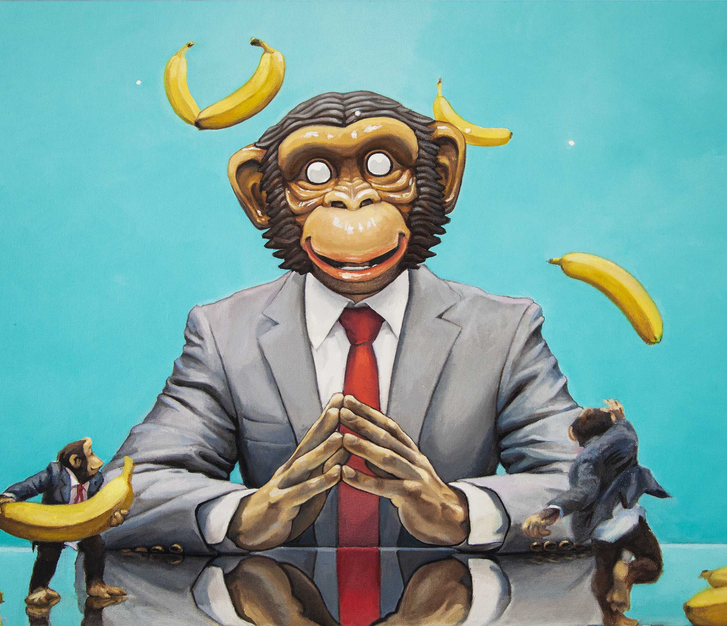 Monkey in a business suit with two smaller monkeys throwing Bananas at him