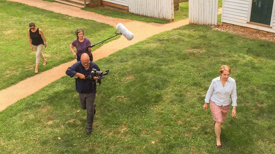 Sangston snapped a photo of Montes-Bradley filming Sara Bon-Harper, executive director of Ash Lawn-Highland, Monroe&#039;s later and more famous home not far from Jefferson’s Monticello. Photo by Brandon Sangston.