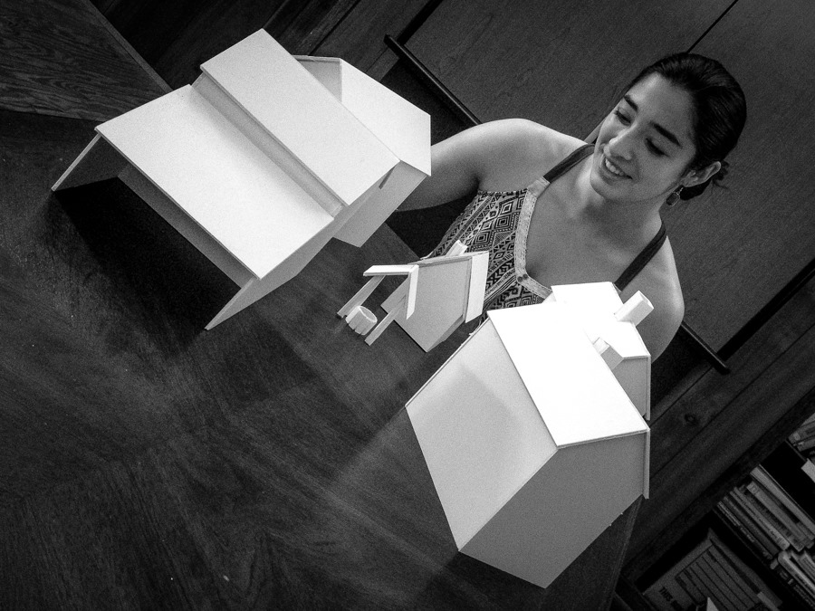 Architecture student Emma Bross made a model of some of the original buildings to help visualize Monroe&#039;s farm. Photo by Eduardo Montes-Bradley.