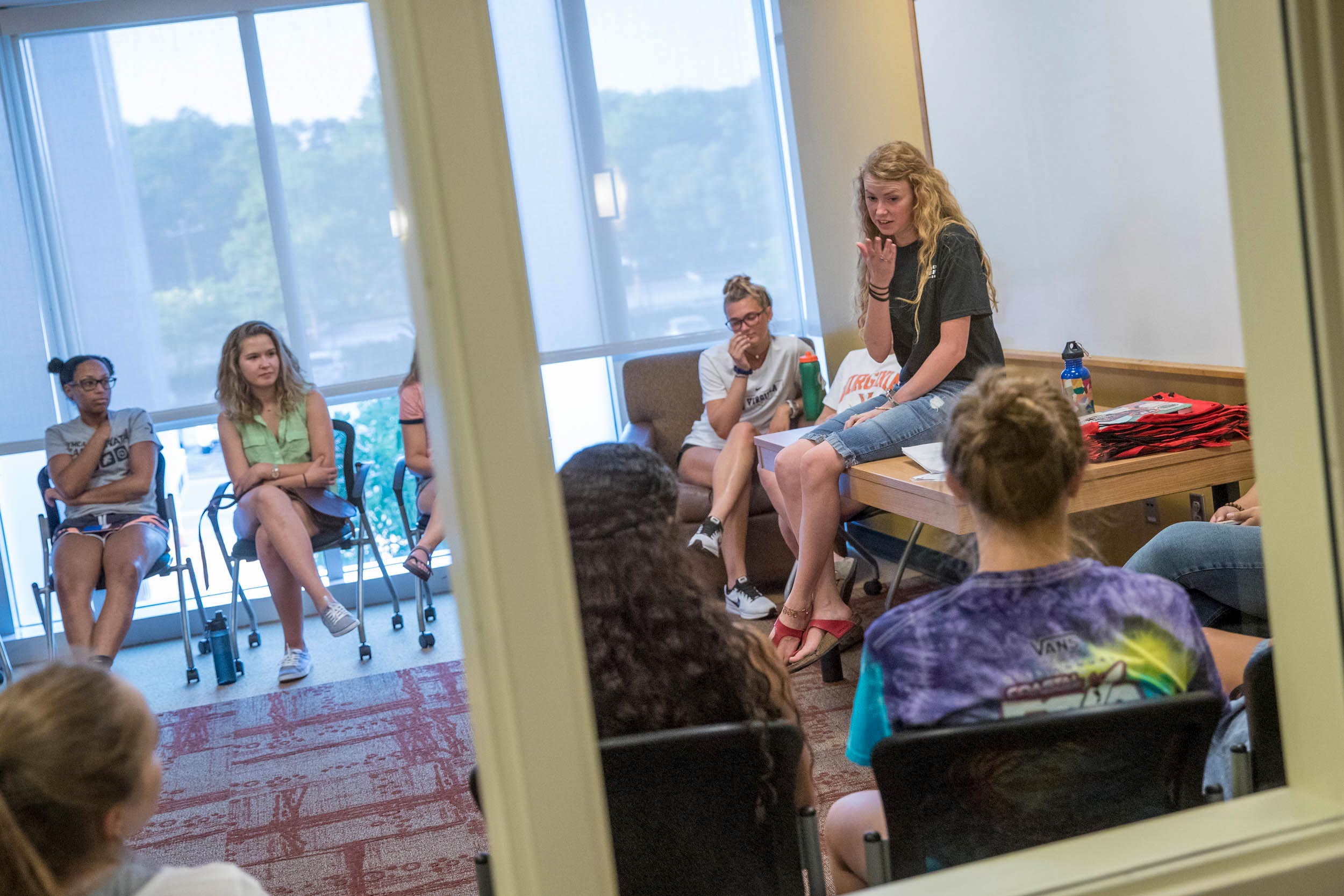 Rebecca Lewis talks to her hall members 