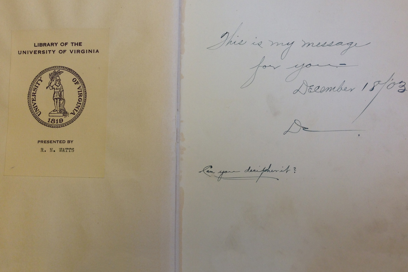 Handwritten note in a book in the UVA library