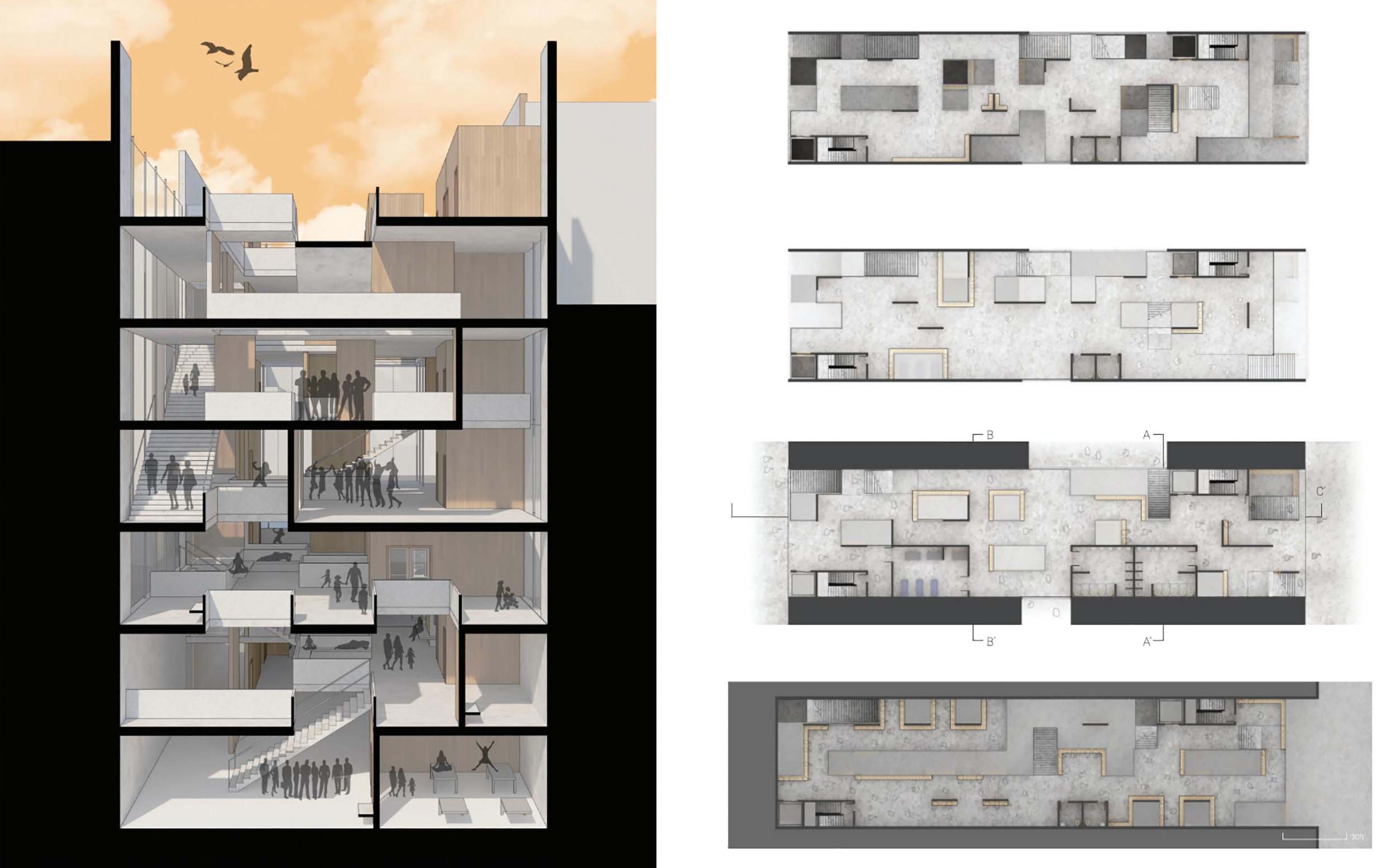 Left: a cross sectional view of a building with people inside Right:floor layout of each floor of a building