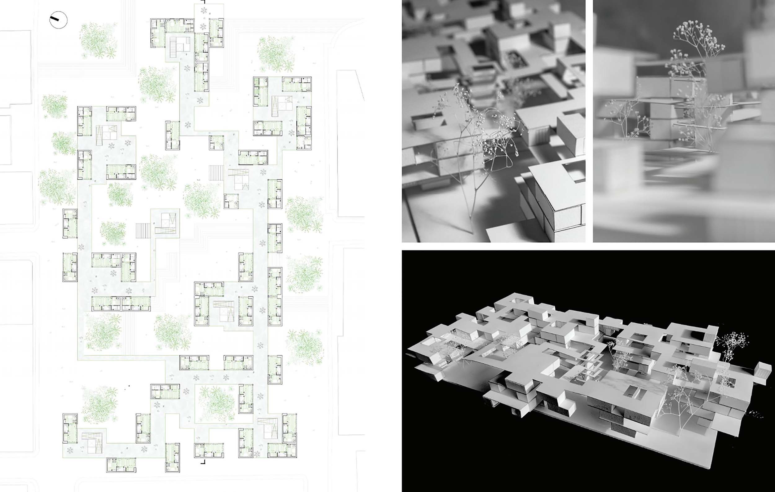 Left: diagram of building layout on a map, right: 3d mini models of the buildings from the map