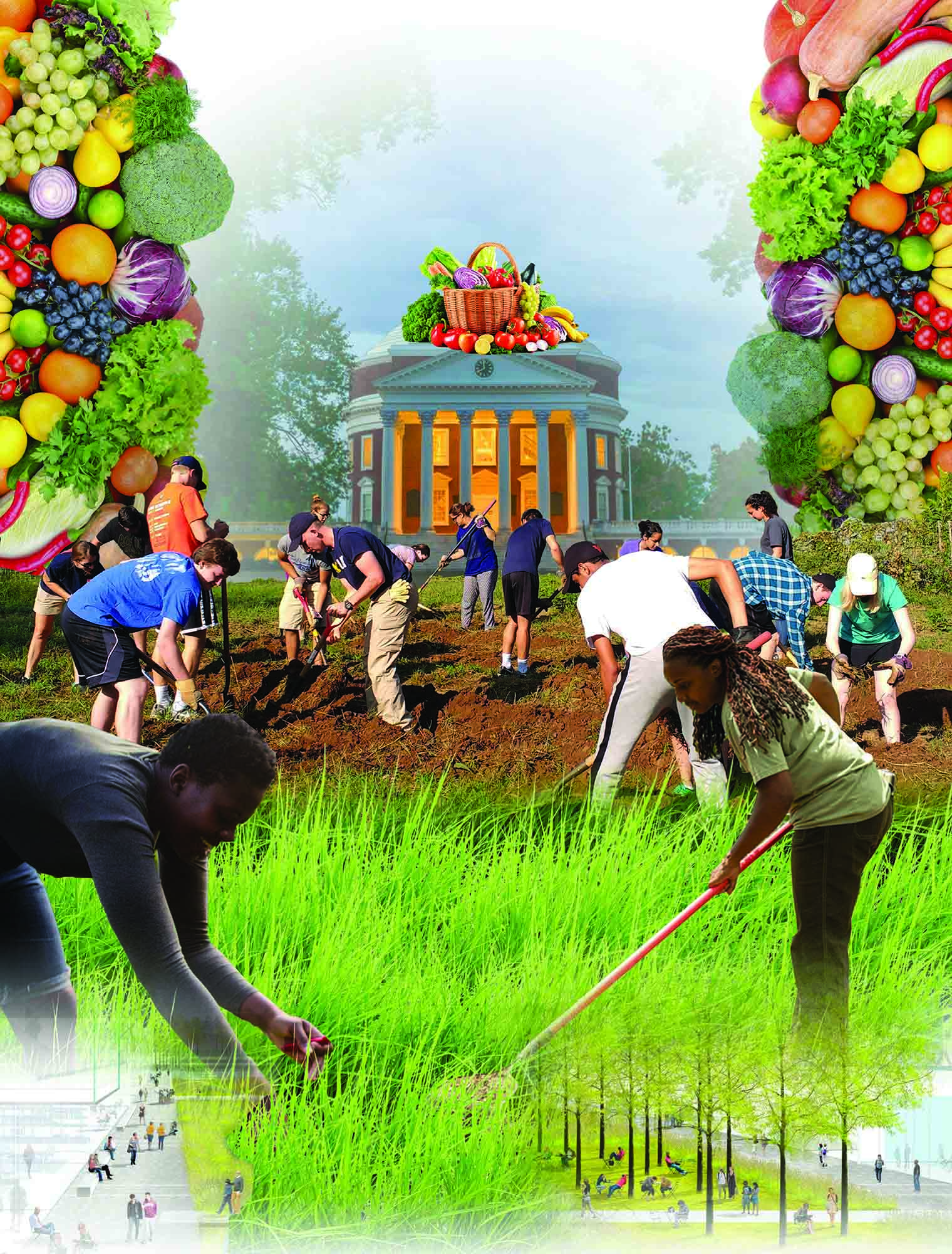 People hoeing the ground to plant vegetables with fruit images on top of the Rotunda