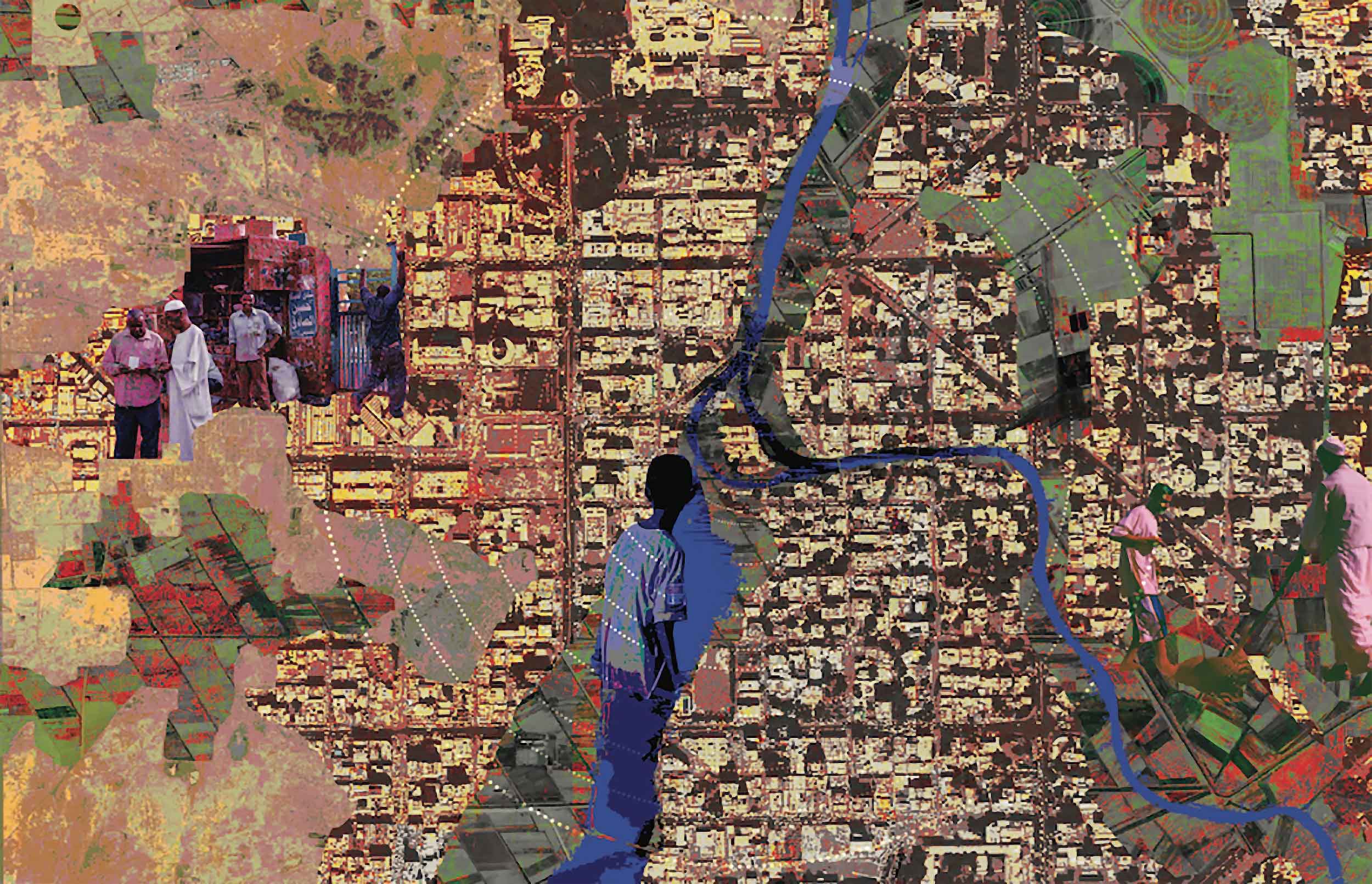 Collage of an arial view of a city with glimpses of people working