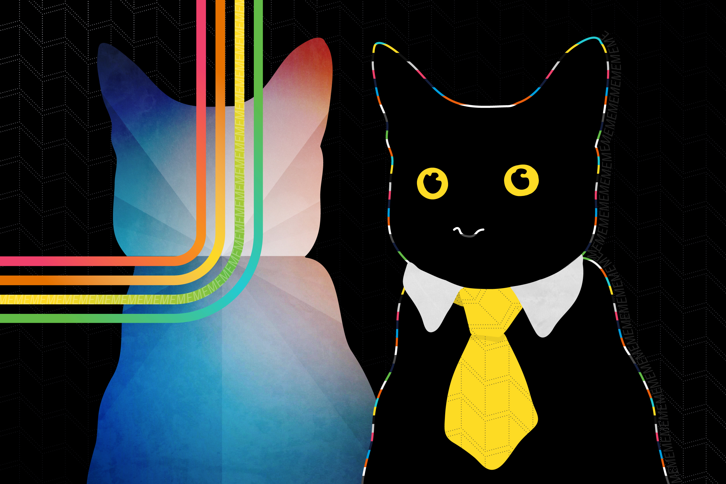 illustration of Black cat outlined in a rainbow color wearing a yellow tie