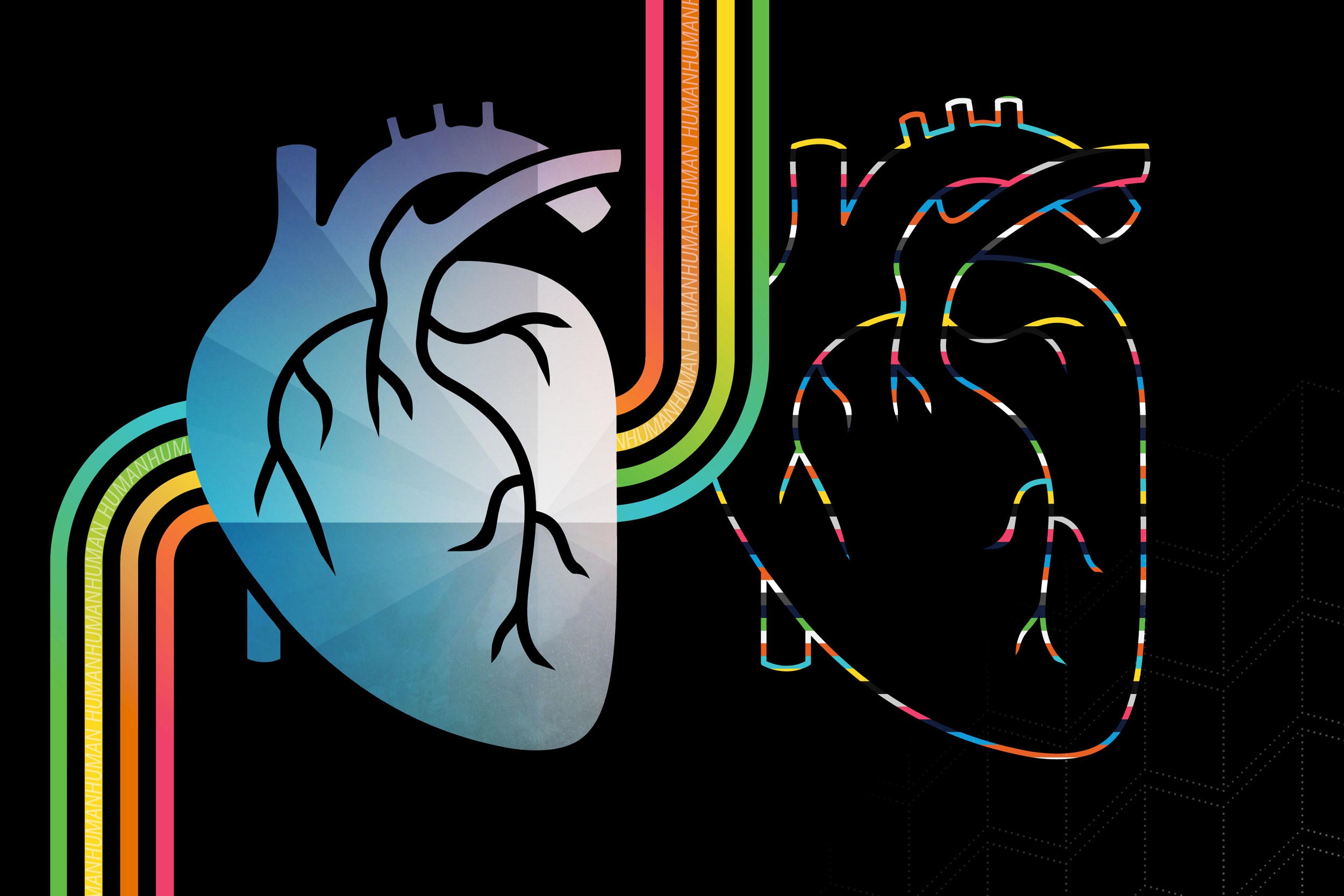 illustration of a human heart, left, and an outline of a human heart right