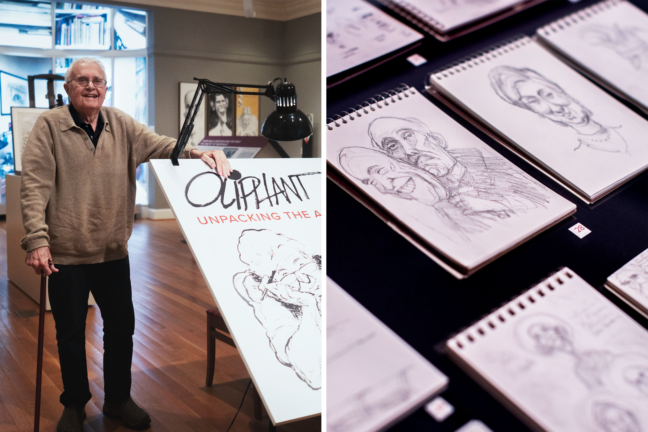 left:  Pat Oliphant standing next to a drawing. Right: examples of this drawings
