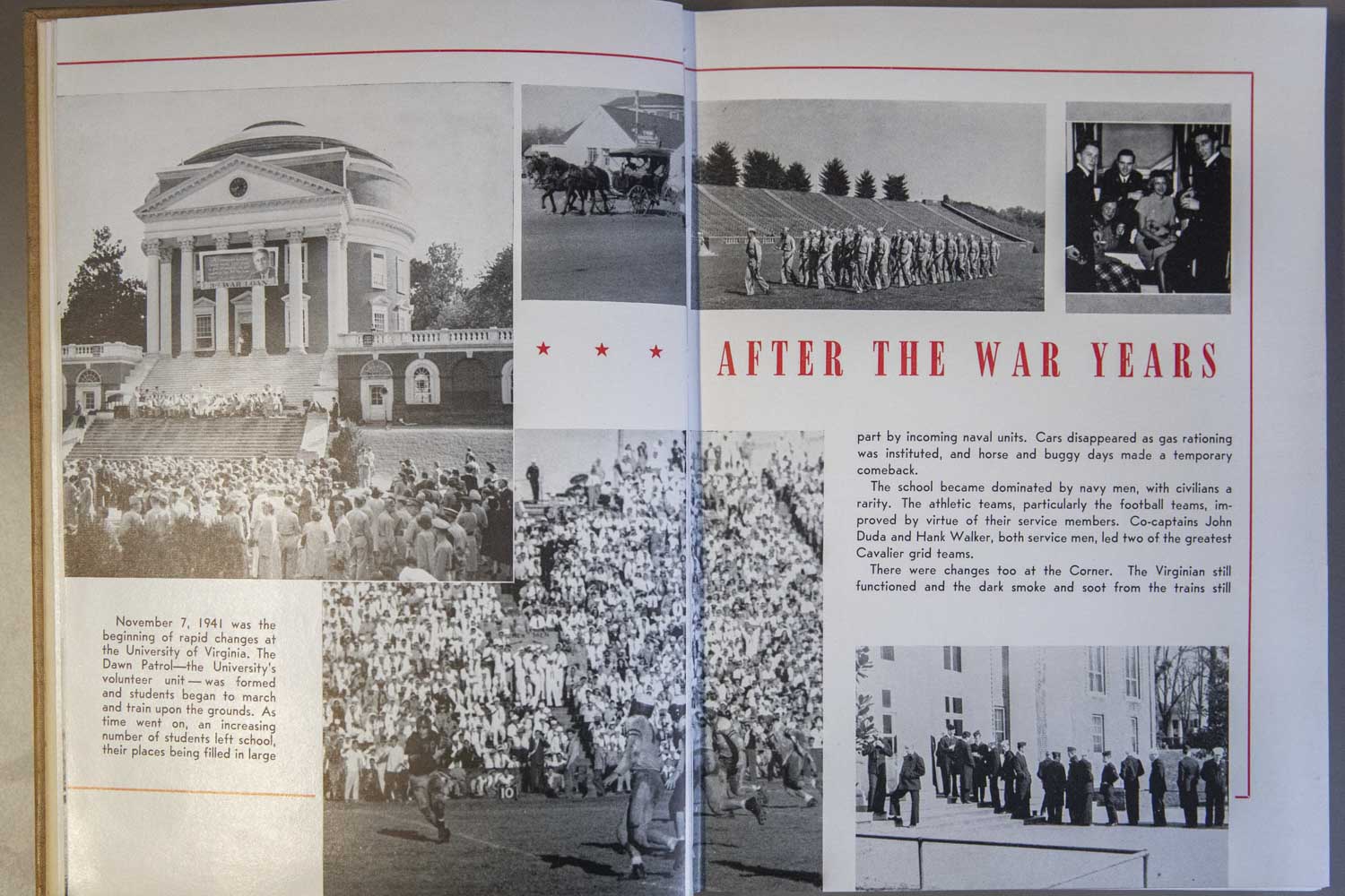 Yearbook page titled After the War years with various black and white images and text that can't be read
