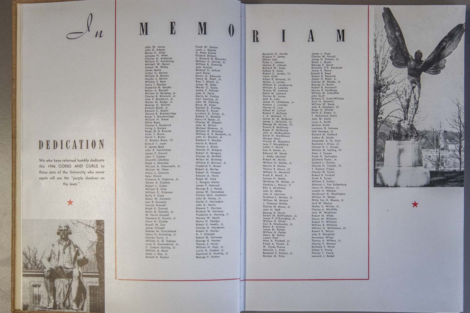 Yearbook page title Memoriam with a list of students who were lost