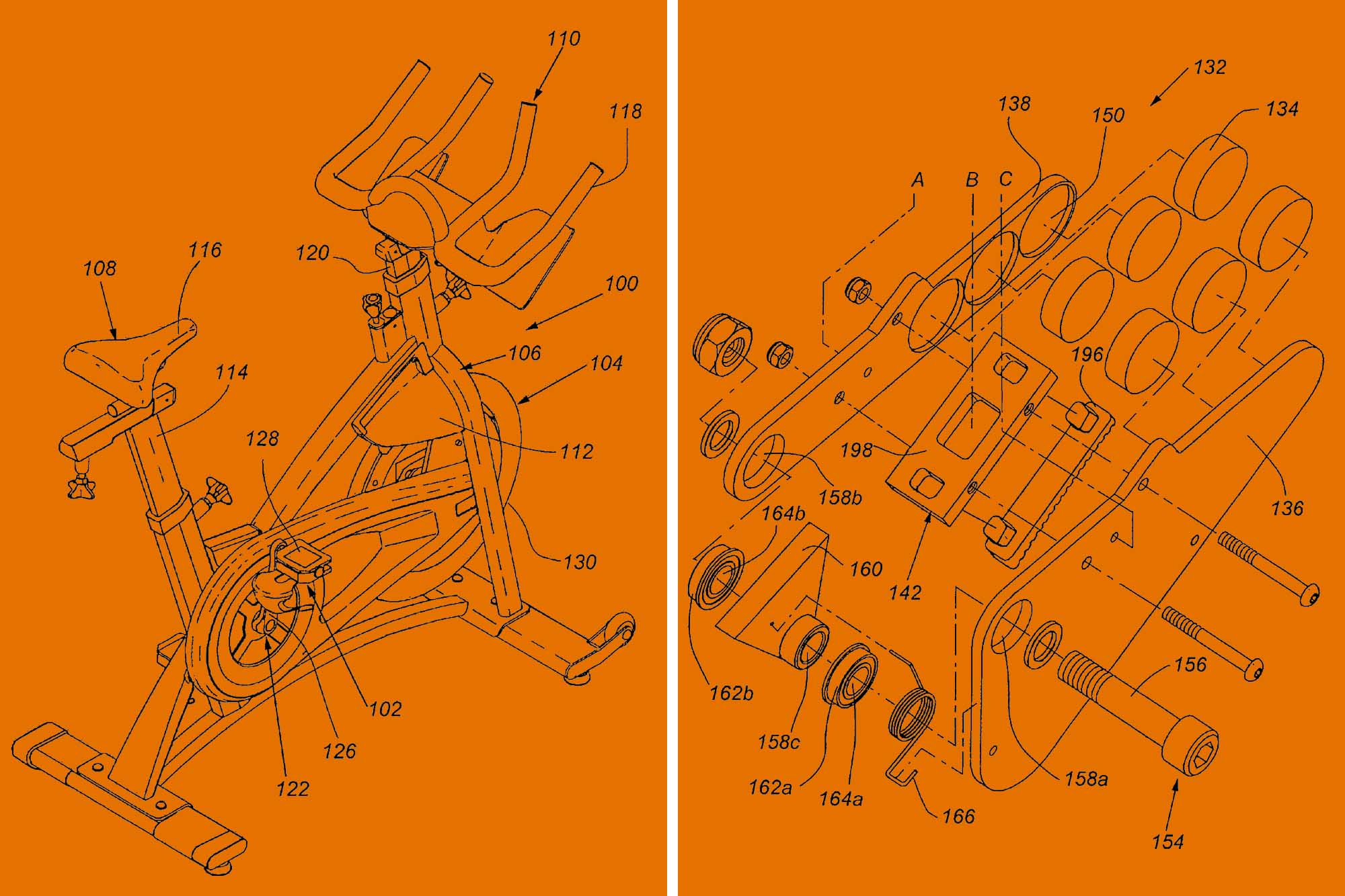 Left: Diagram of peloton bike, right: diagram of a specific piece of the peloton bike
