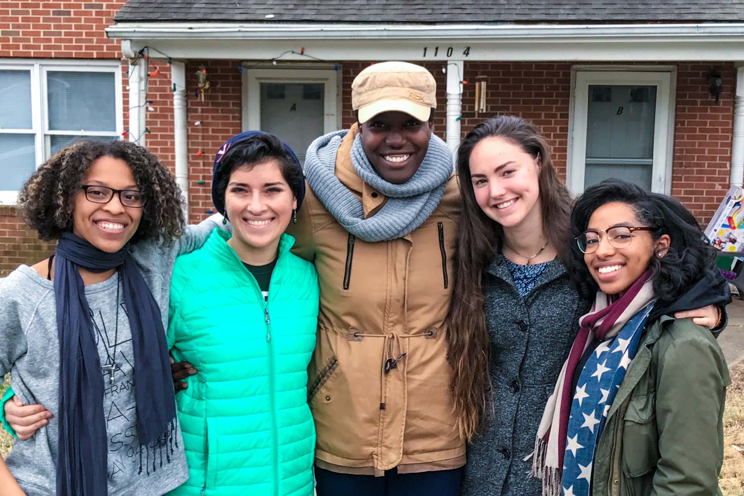 Ameenah Elam, Sarah Bland, Sade Akinbayo, Isabella Hall and Dominique DeBose smile for the camera