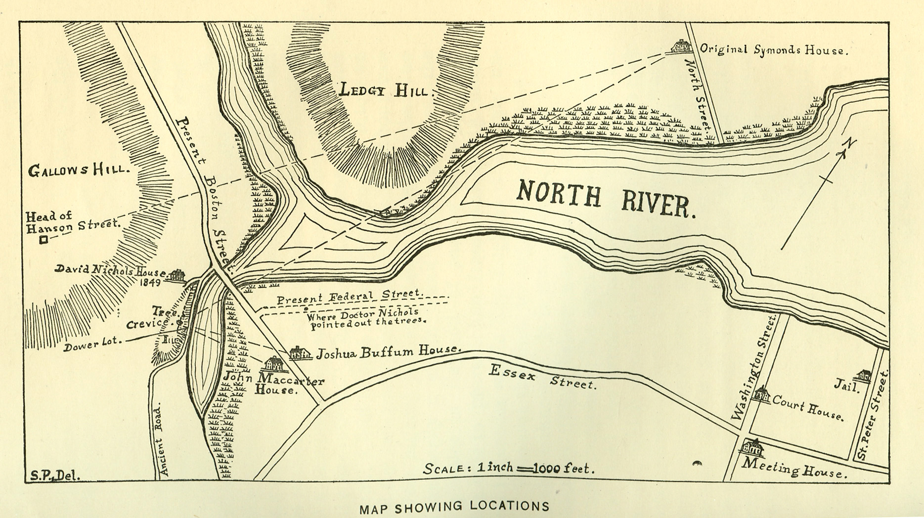 A map of Salem in 1692, drawn by historian Sidney Perley, shows Gallows Hill, Boston Street and the John McCarter House. Perley identified Proctor’s Ledge as a possible execution site.