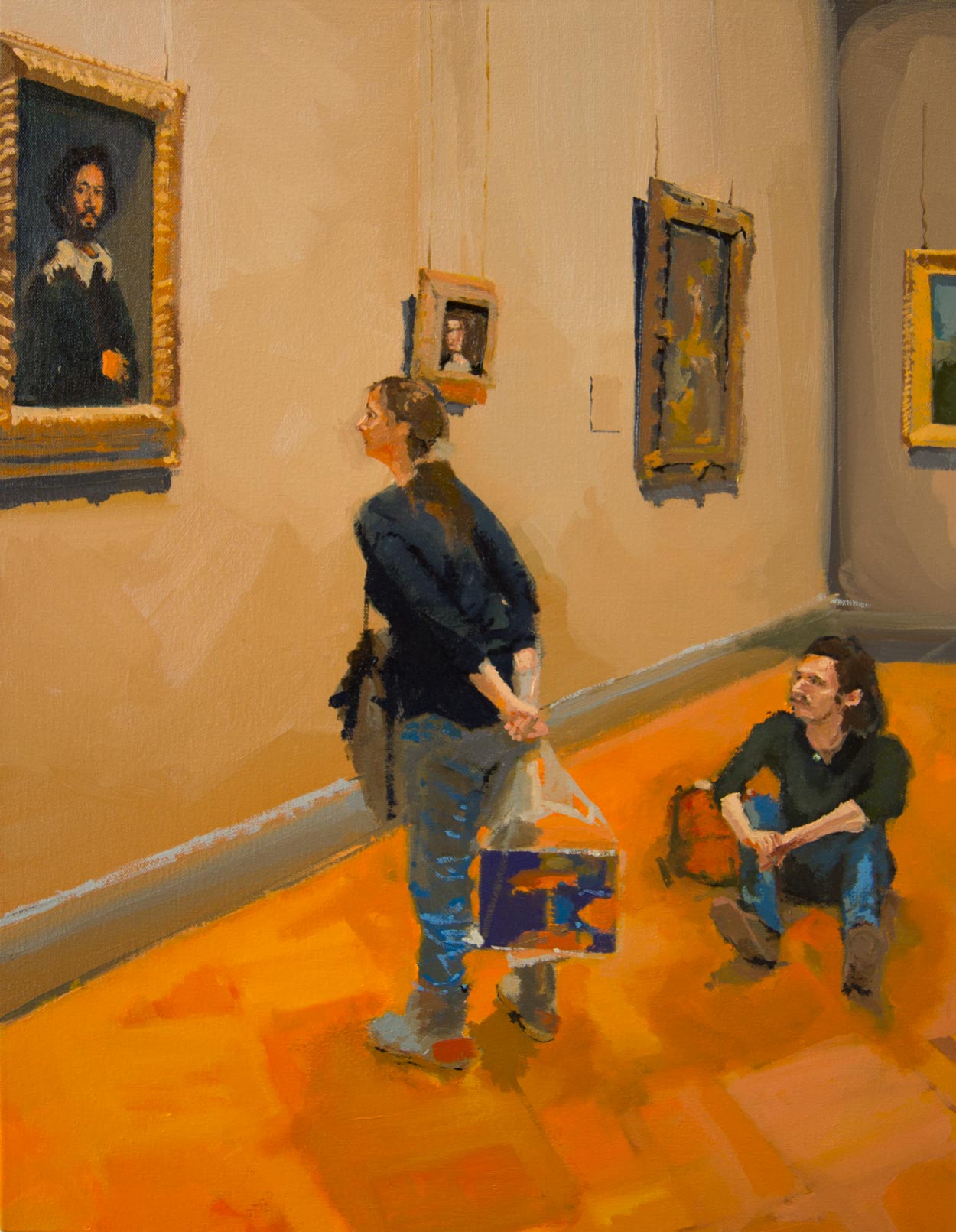 Painting of a woman looking at a painting in an art gallery and a man sitting on the ground watching her