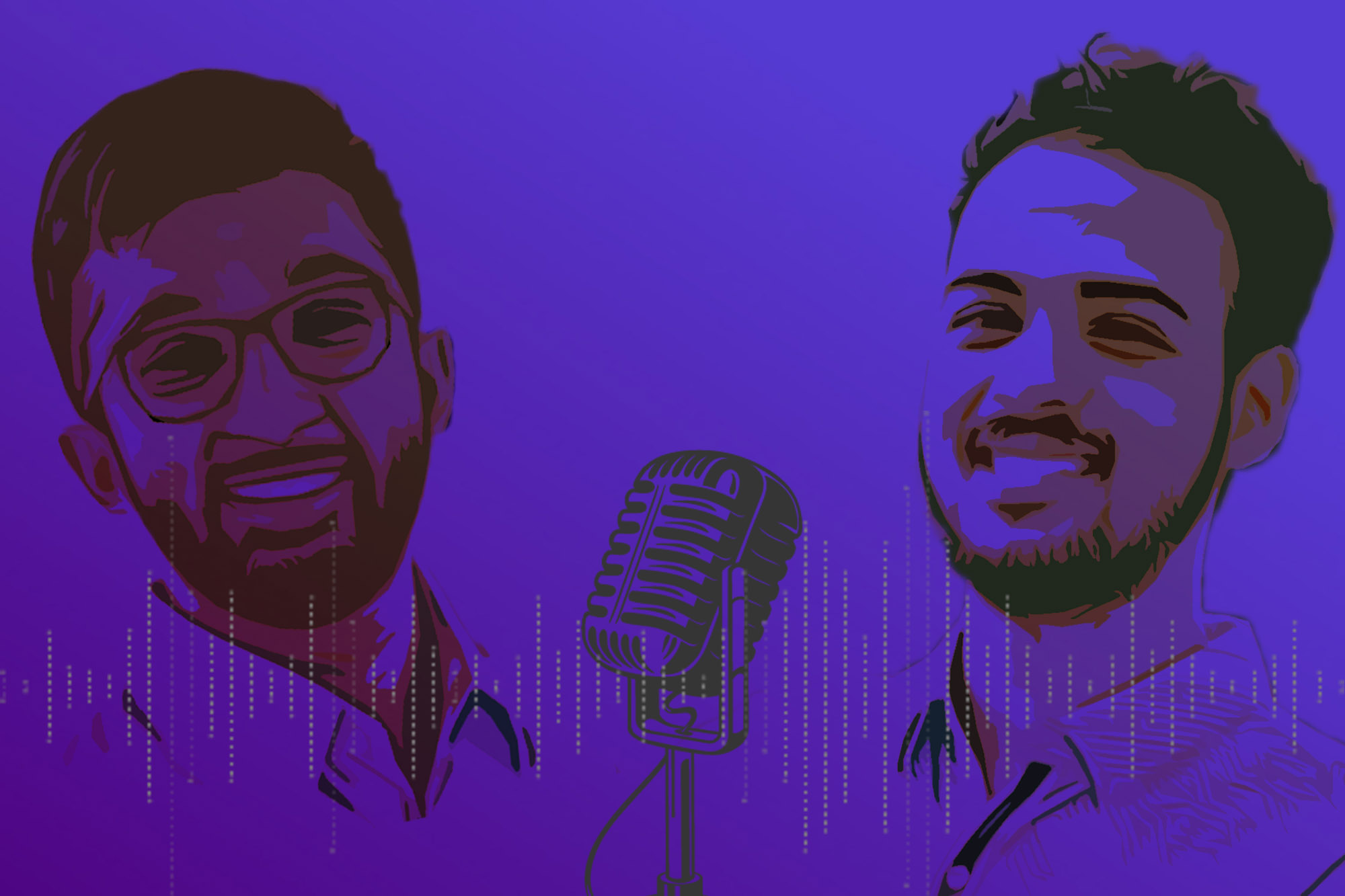 illustration of Mehdy Elouassi and Abdullah Paracha with a microphone in between them