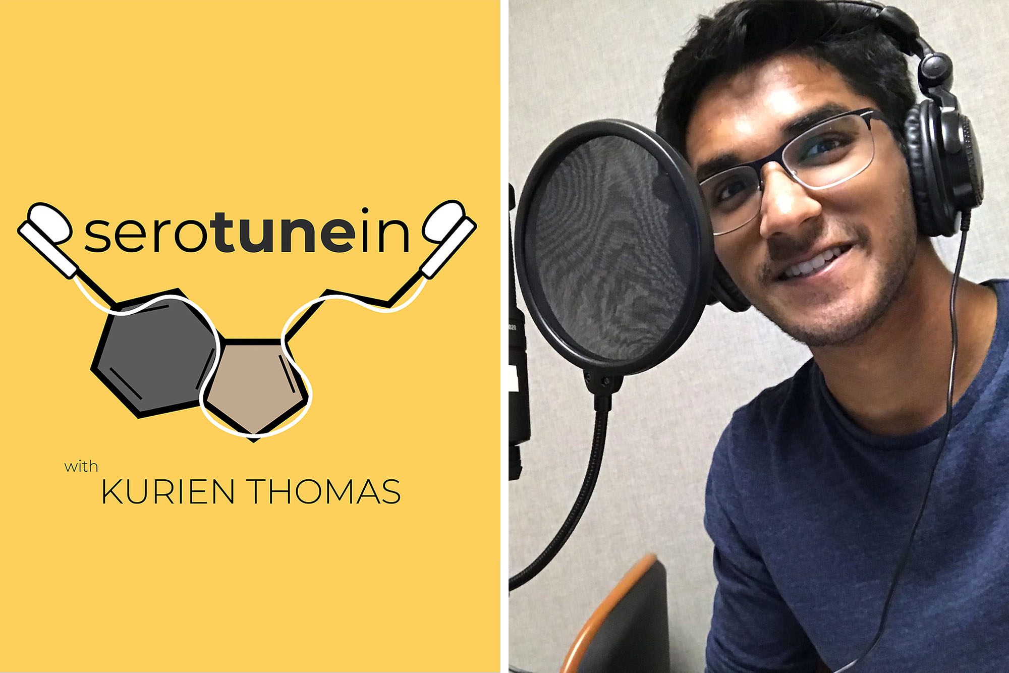 left: Serotunein with Kurien Thomas. right: Kurien Thomas headshot with headphones in front of a mic