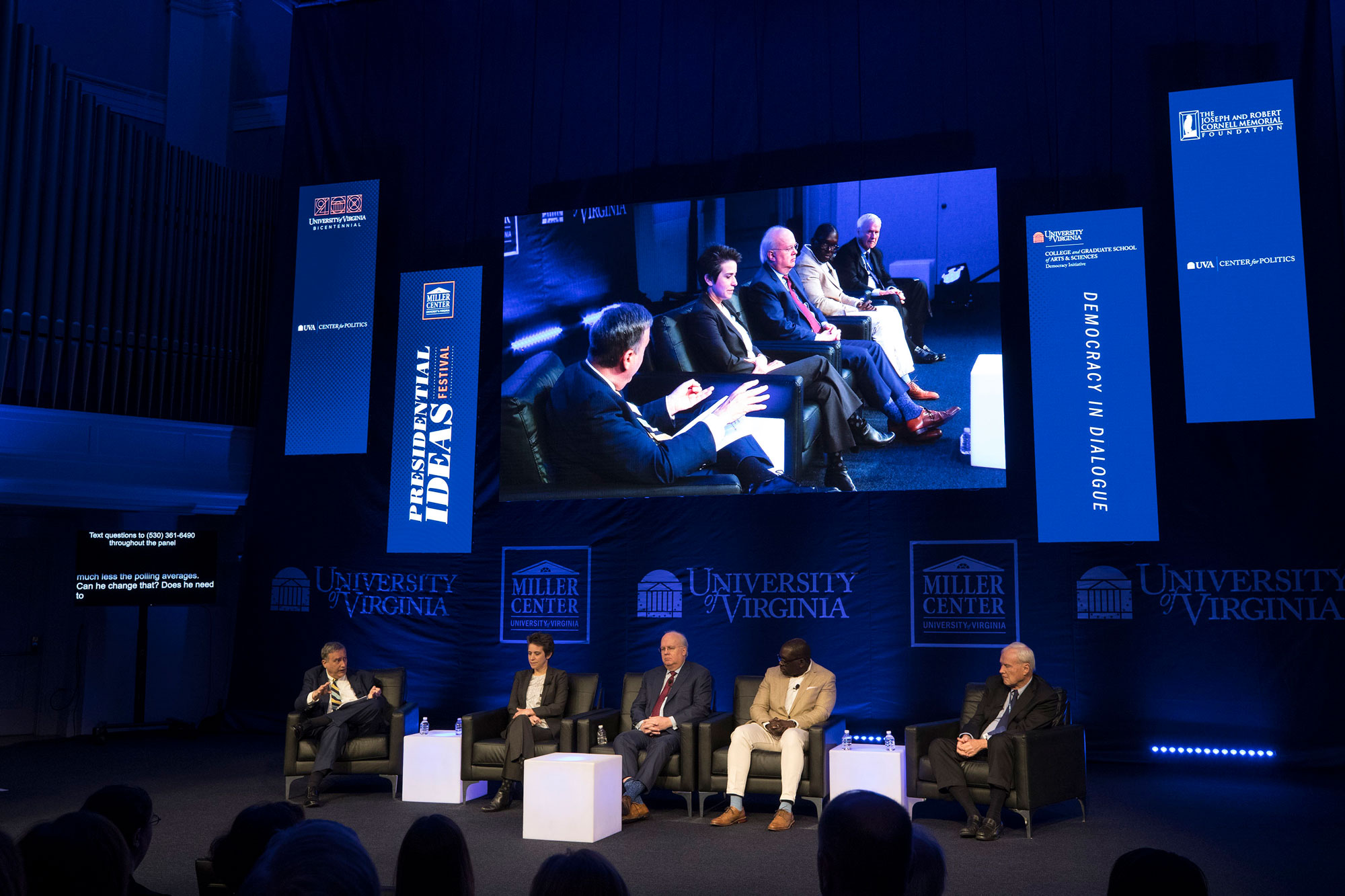 Panelists sitting on stage talking. left to right: Larry Sabato, Amy Walter, Karl Rove, Jamelle Bouie and Chris Matthews