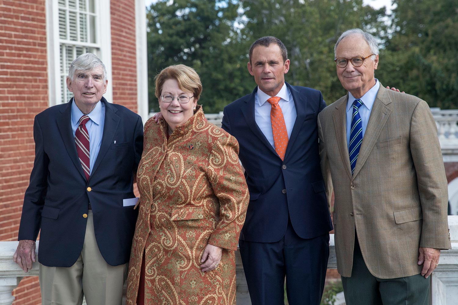 Left to right, UVA presidents Robert O’Neil, Teresa Sullivan, Jim Ryan and John Casteen take a group photo together