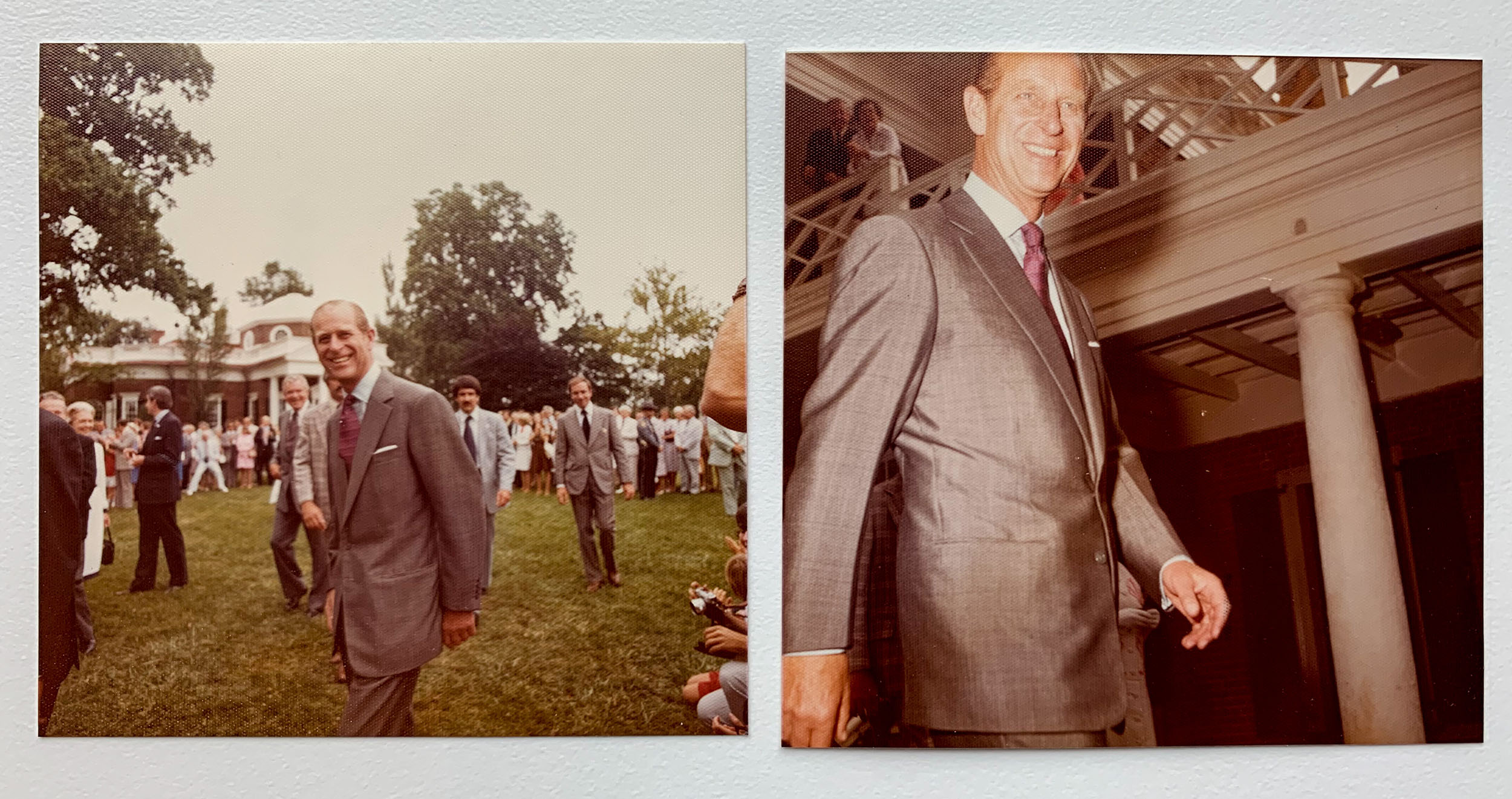 Prince Philip at Monticello, left, and on the Lawn at UVA, right