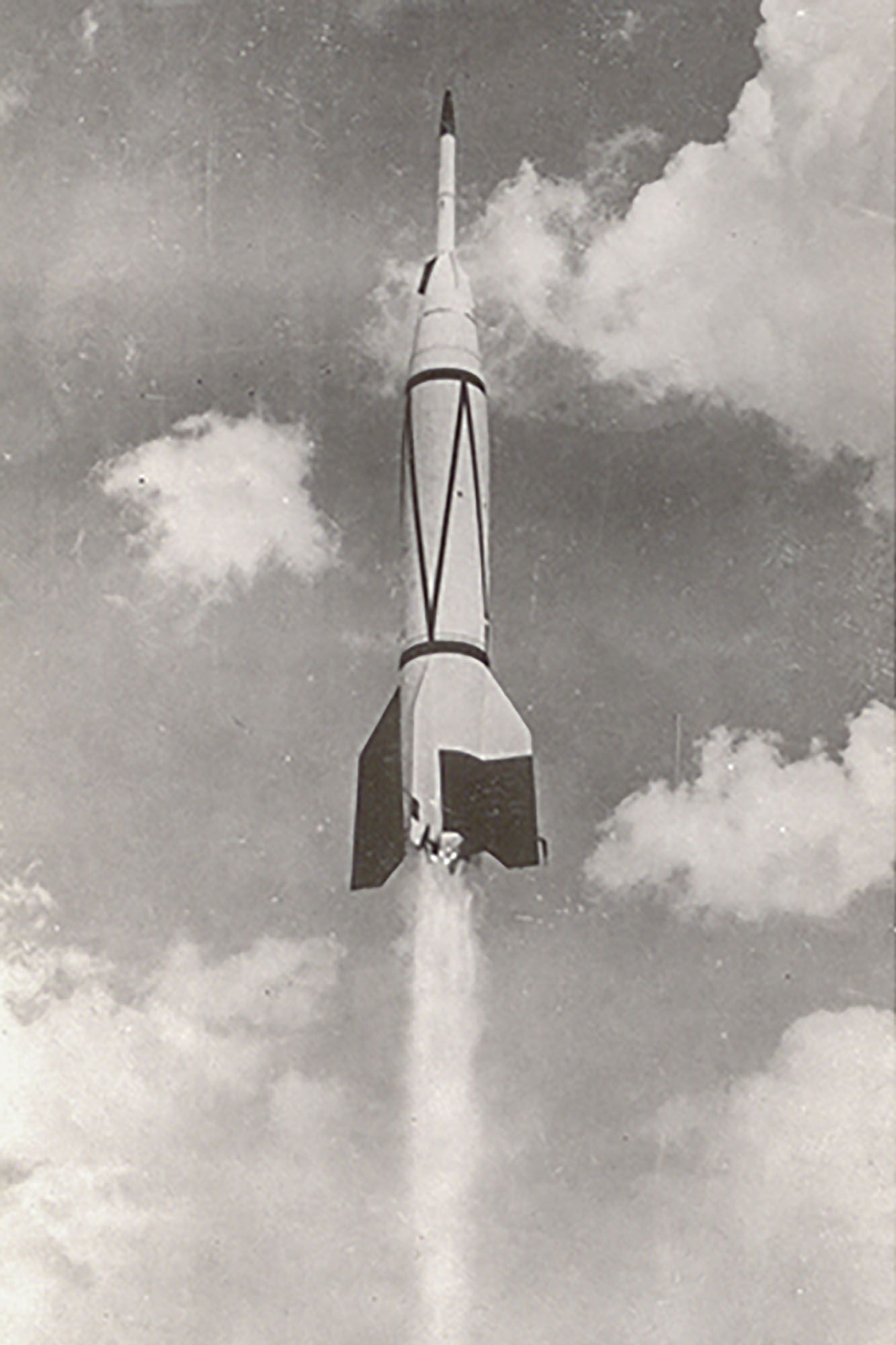 black and white photo of the Bumper-WAC space shuttle launching