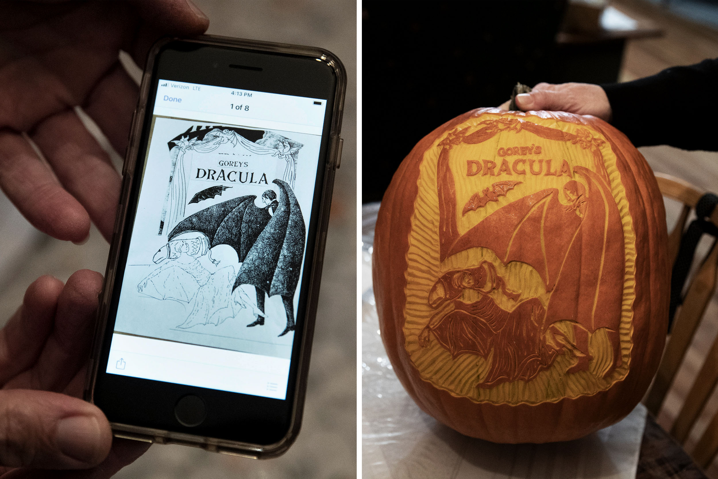 left: image of the playbill of dracula. Right: pumpkin carving of the playbill
