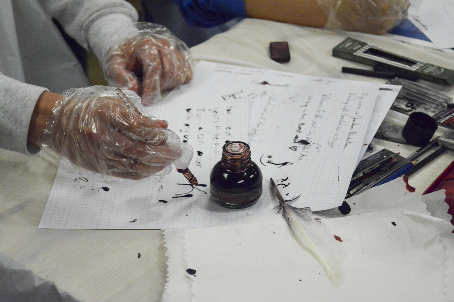 Students made their own ink and tried different kinds of nibs and goose quills in the Wilson Hall maker studio, as part of the “Writing as/and Technology” course. 