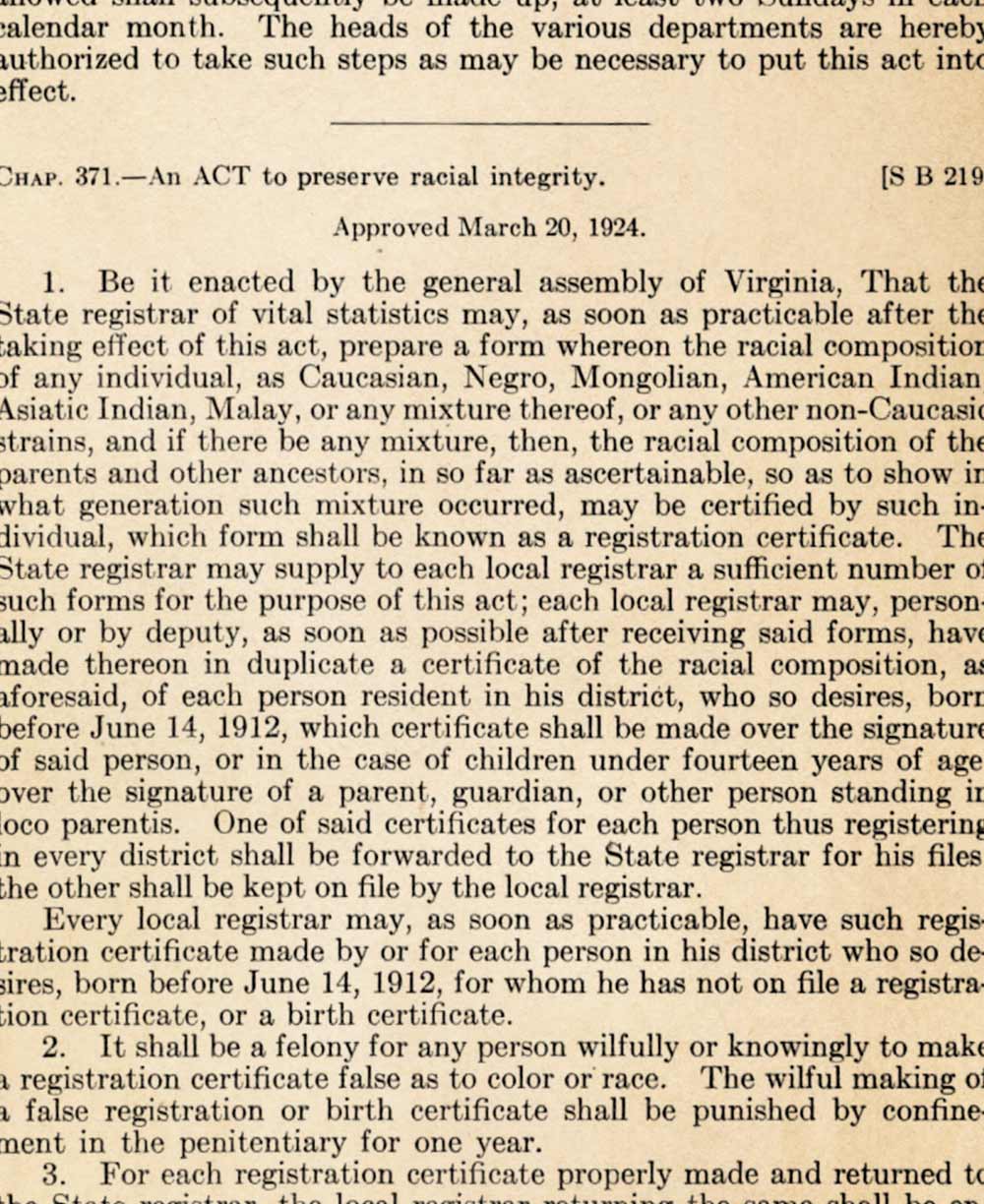 Upclose picture of Virginia’s Racial Integrity Act of 1924