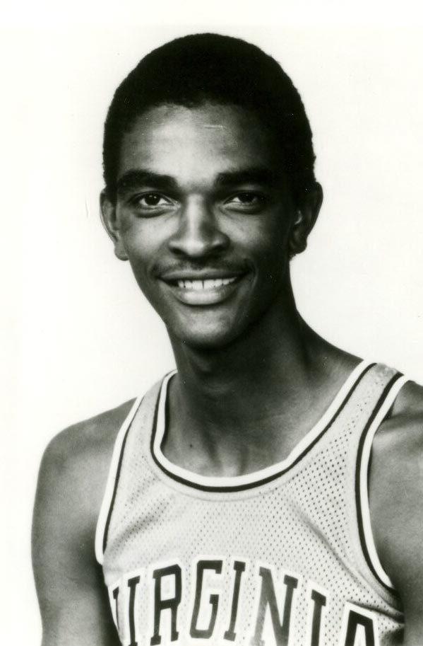 Ralph Sampson black and white headshot in Basketball uniform