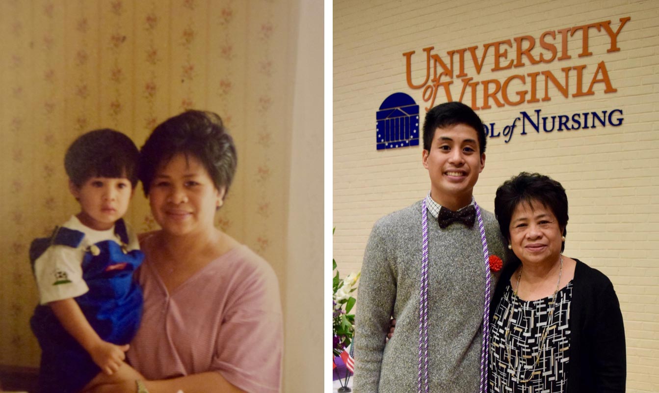 Left: old photo of Ren Capucao and his mother Jolly. Right: Current photo of Ren Capucao and Jolly at UVA