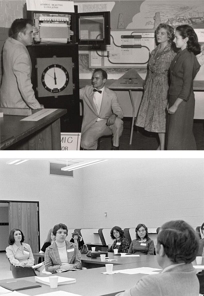 Top: two women watch two men use a machine bottom: women gather around a table to listen to male presenter.  