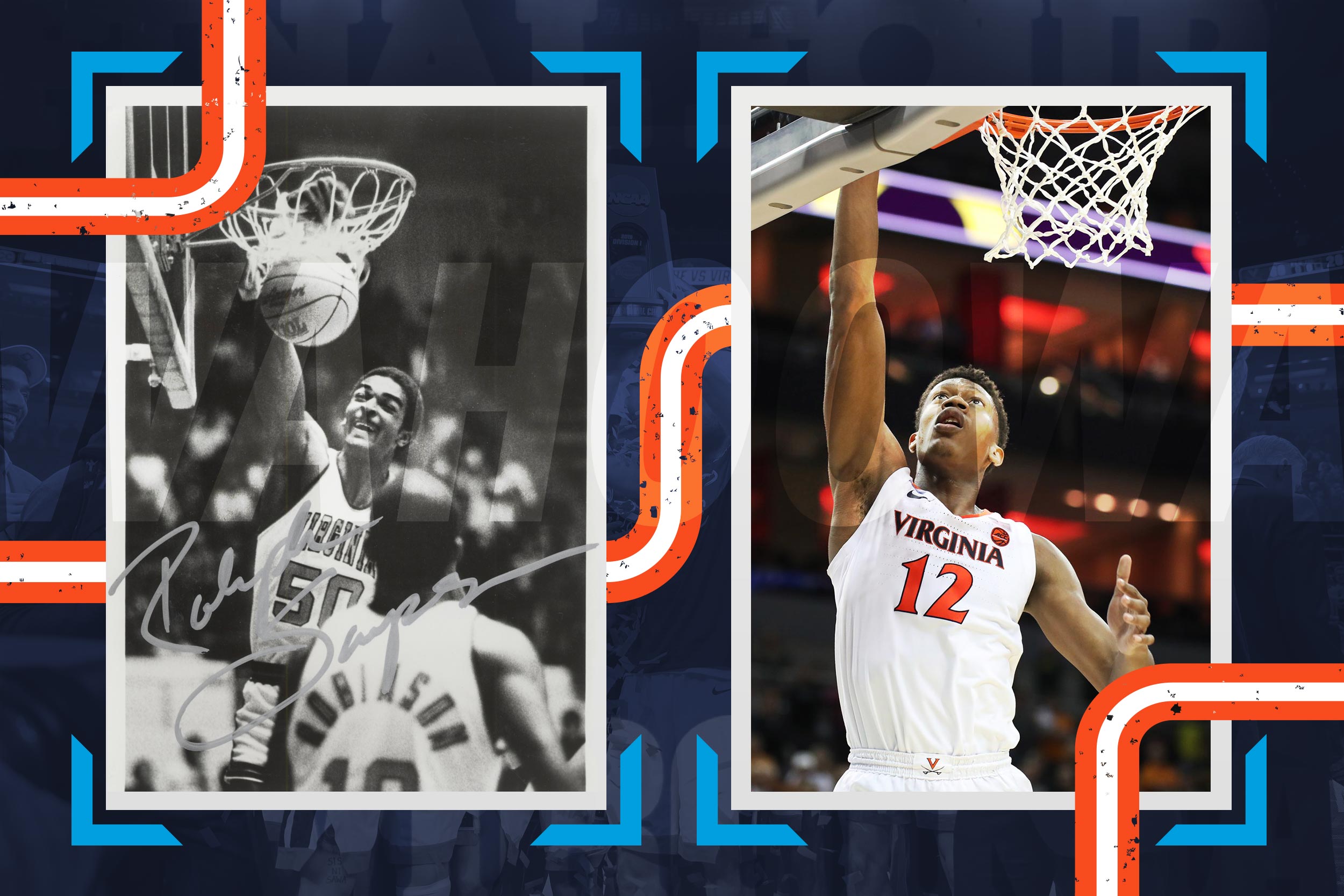 Left: Ralph Sampson dunking the ball Right: DeAndre Hunter doing a layup during a game