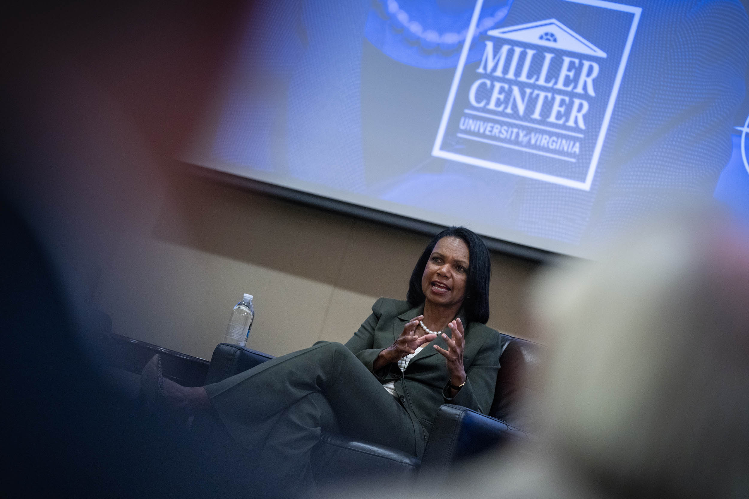 Condoleezza Rice speaking from the stage to a crowd