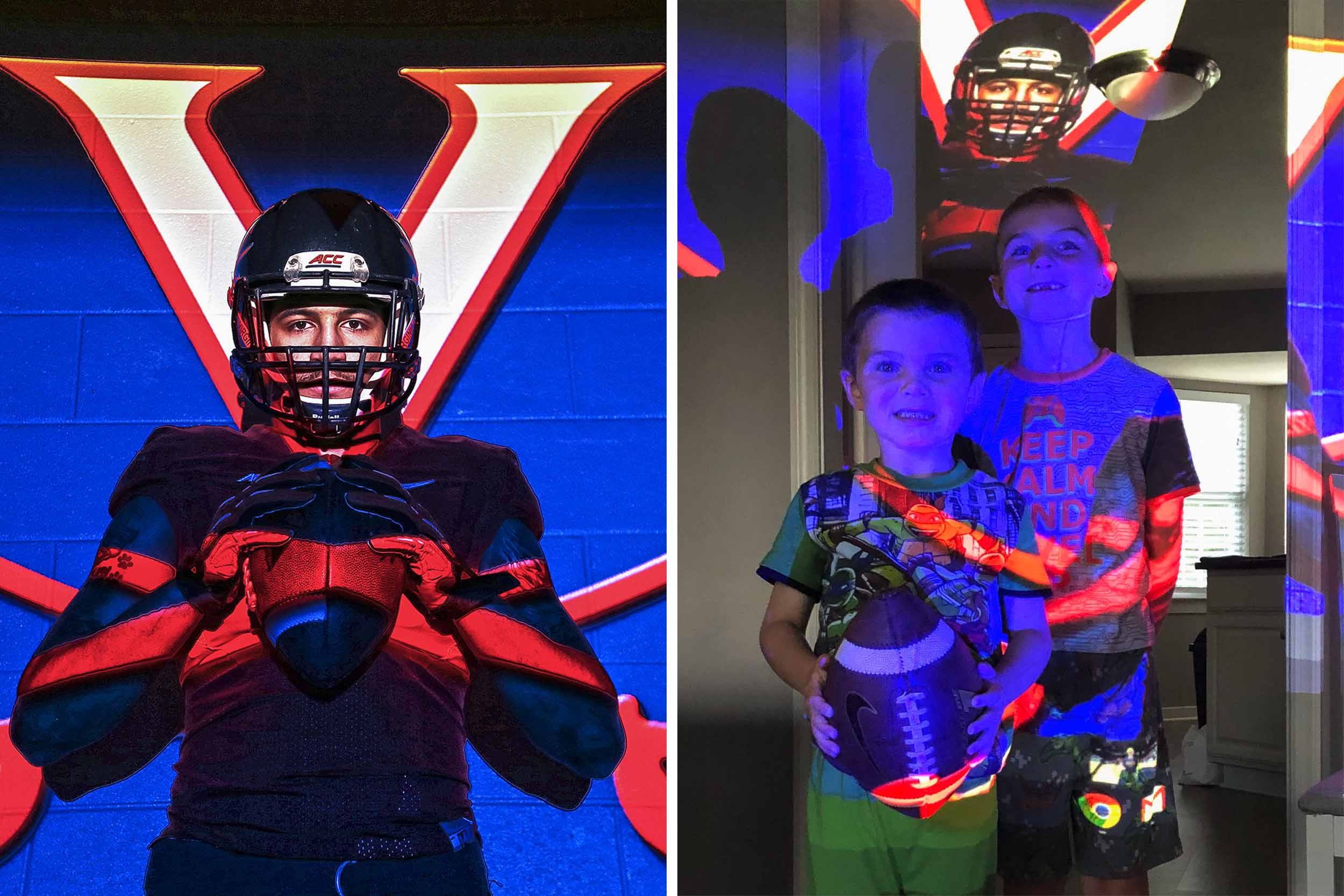 left: UVA football player standing with a UVA logo shining on him right: two little boys replicating the photo on the left