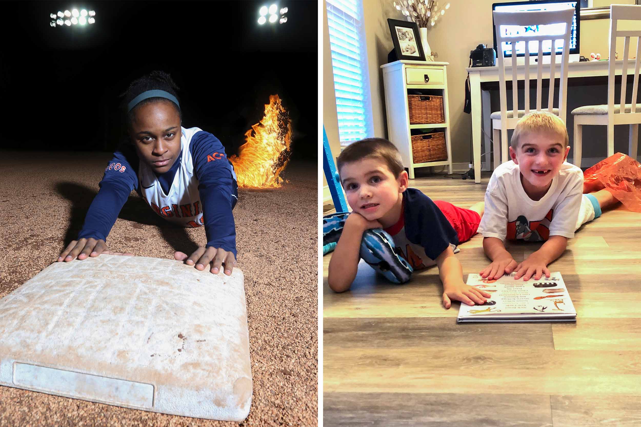 left: UVA softball player touching base with hands after a slide.  right: two little boys touching a fake baseball plate with their hands after sliding into it.