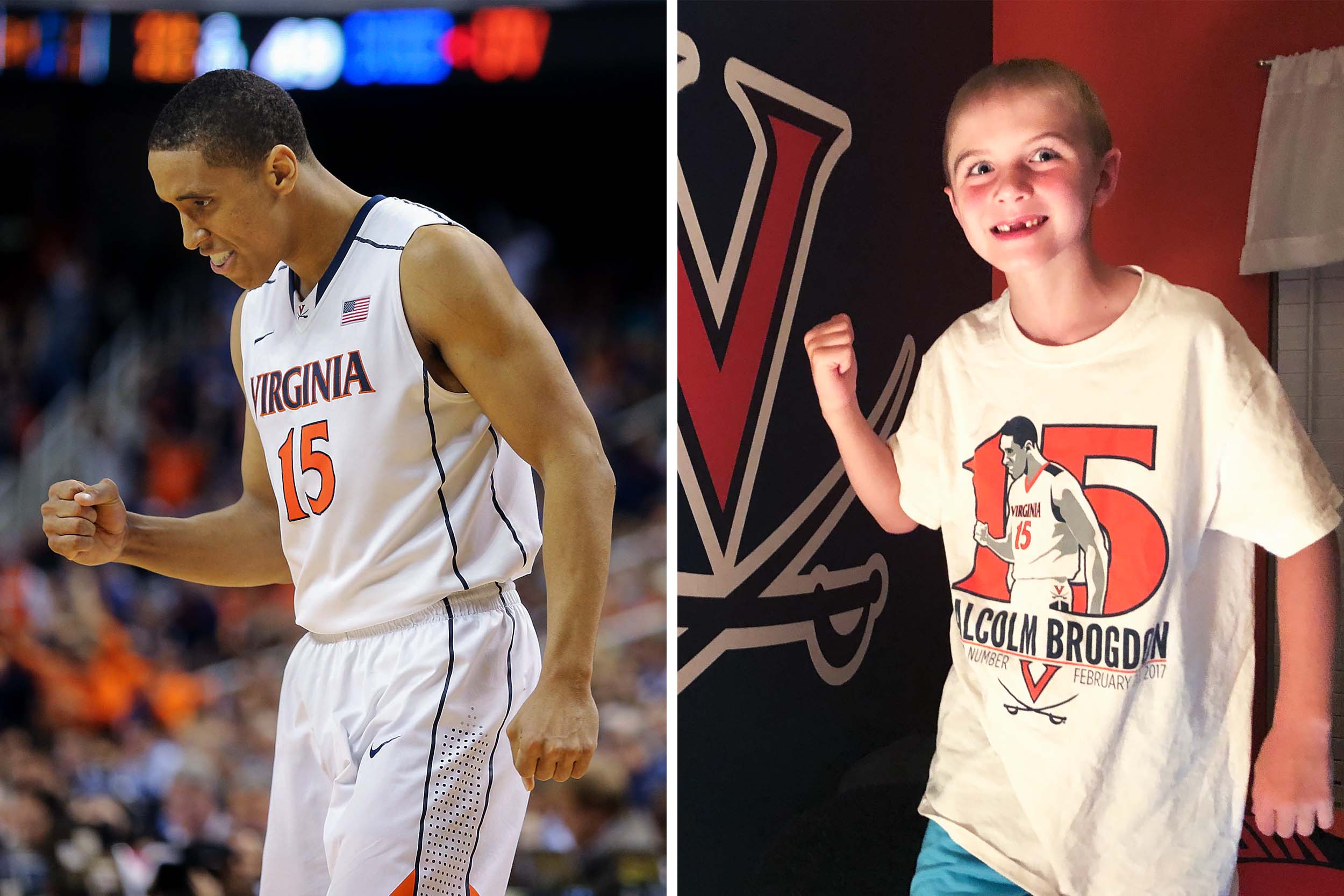 Left: UVA mens basketball player making a fist after making a shot Right: boy recreating the photo on the left