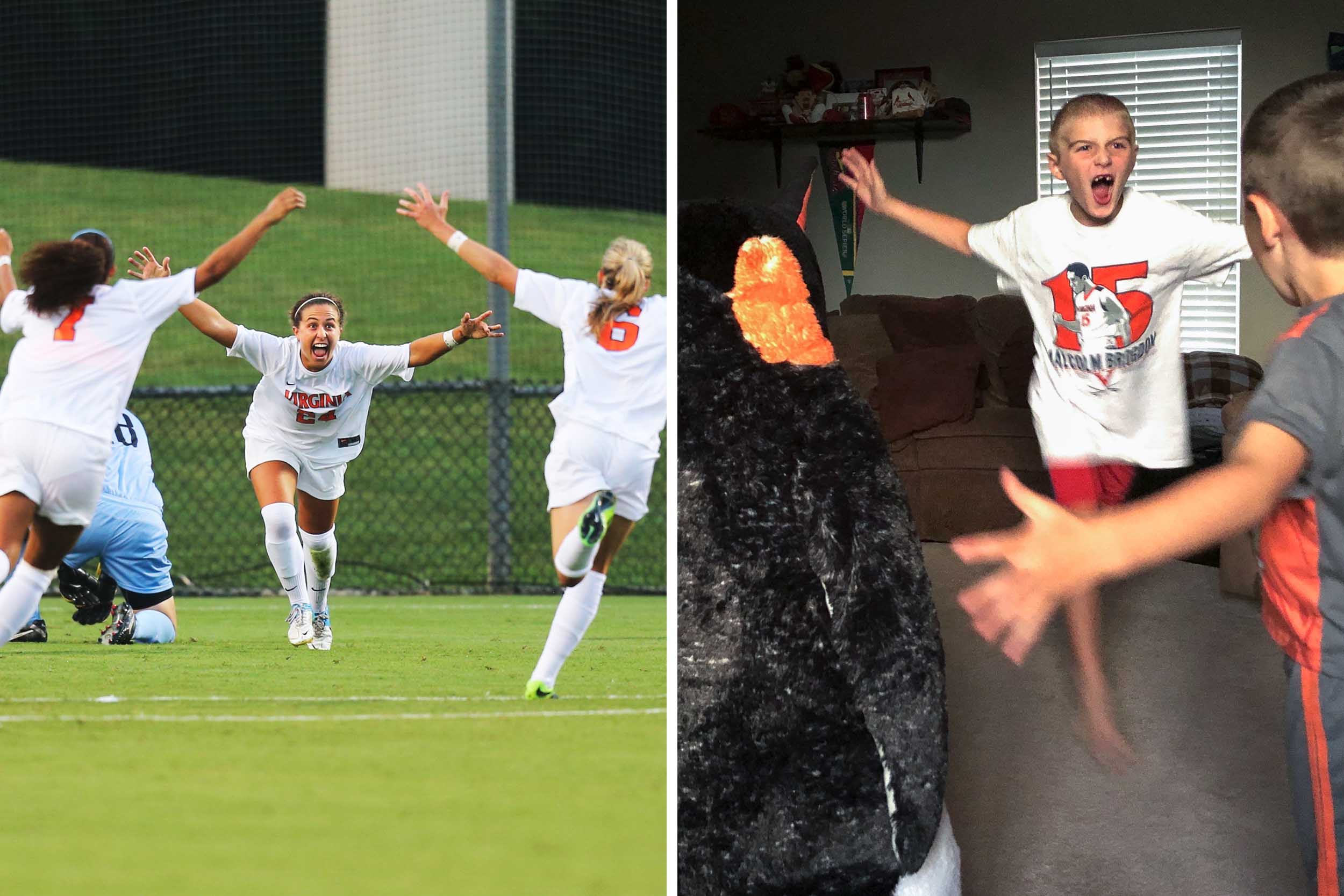 left: UVA woman sports players running towards each other with outstretched arms.  right: little boys replicating left picture