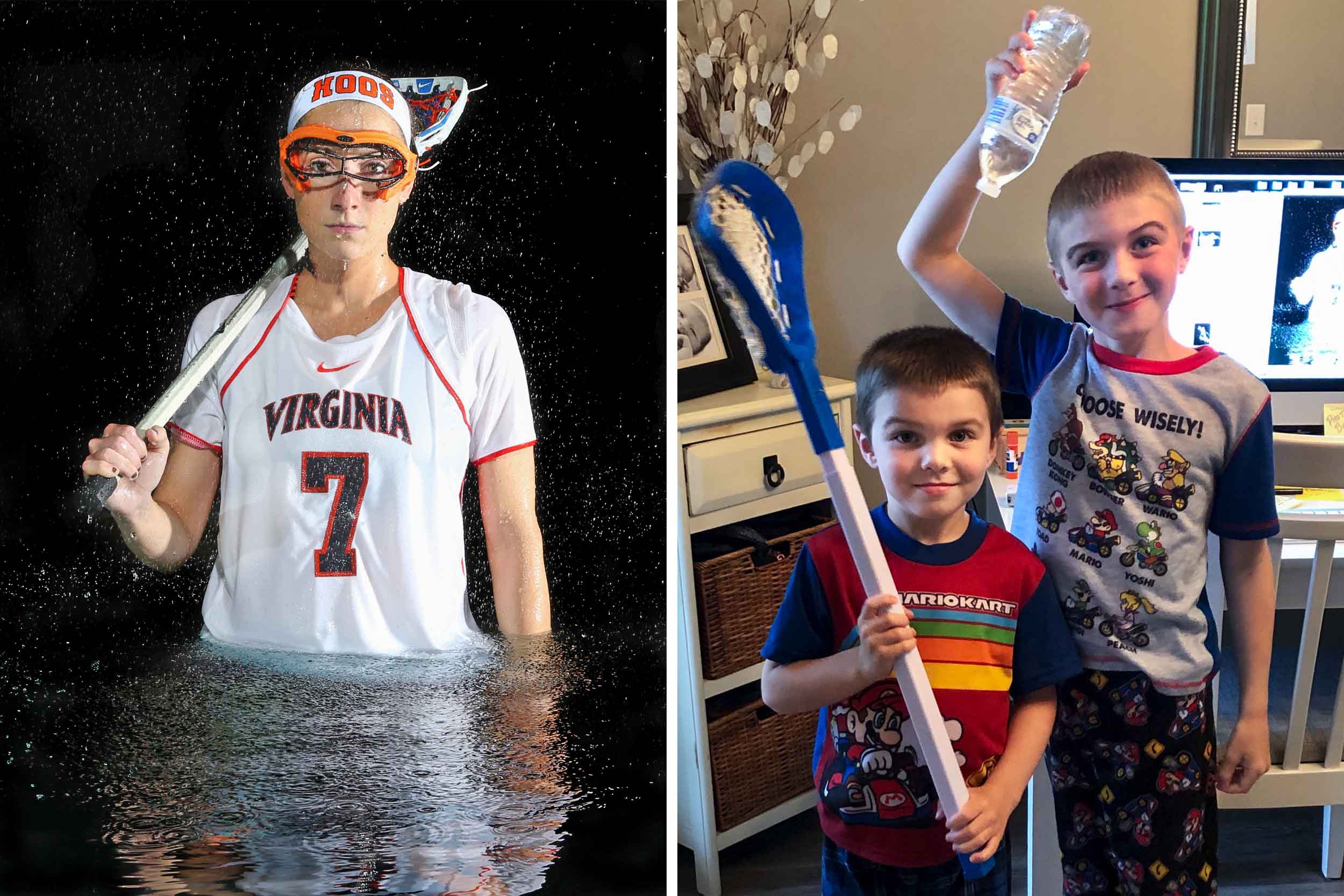 left: UVA womens lacrosse player holding her lacrosse stick in water, right: two little boys recreating the picture on the left