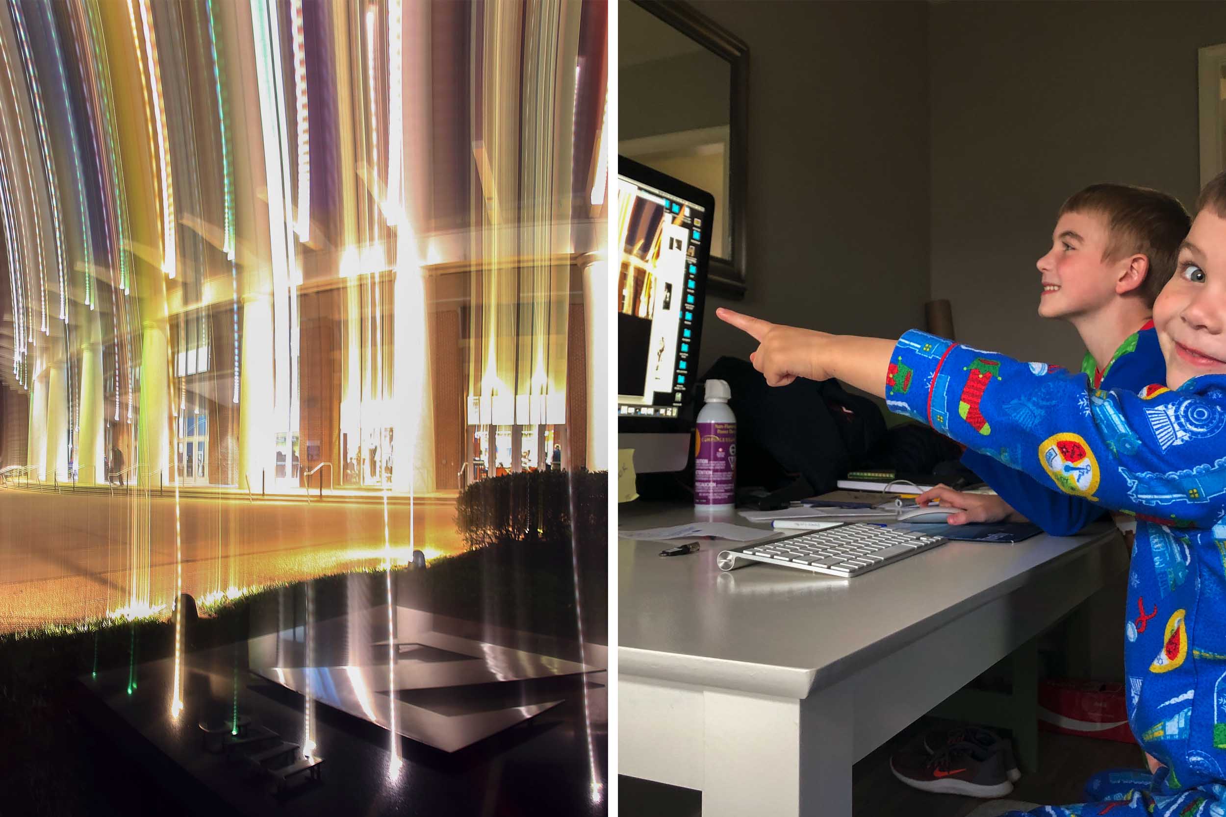 left: Building with bright vertical lights right: little boys pointing at a computer of the left photo