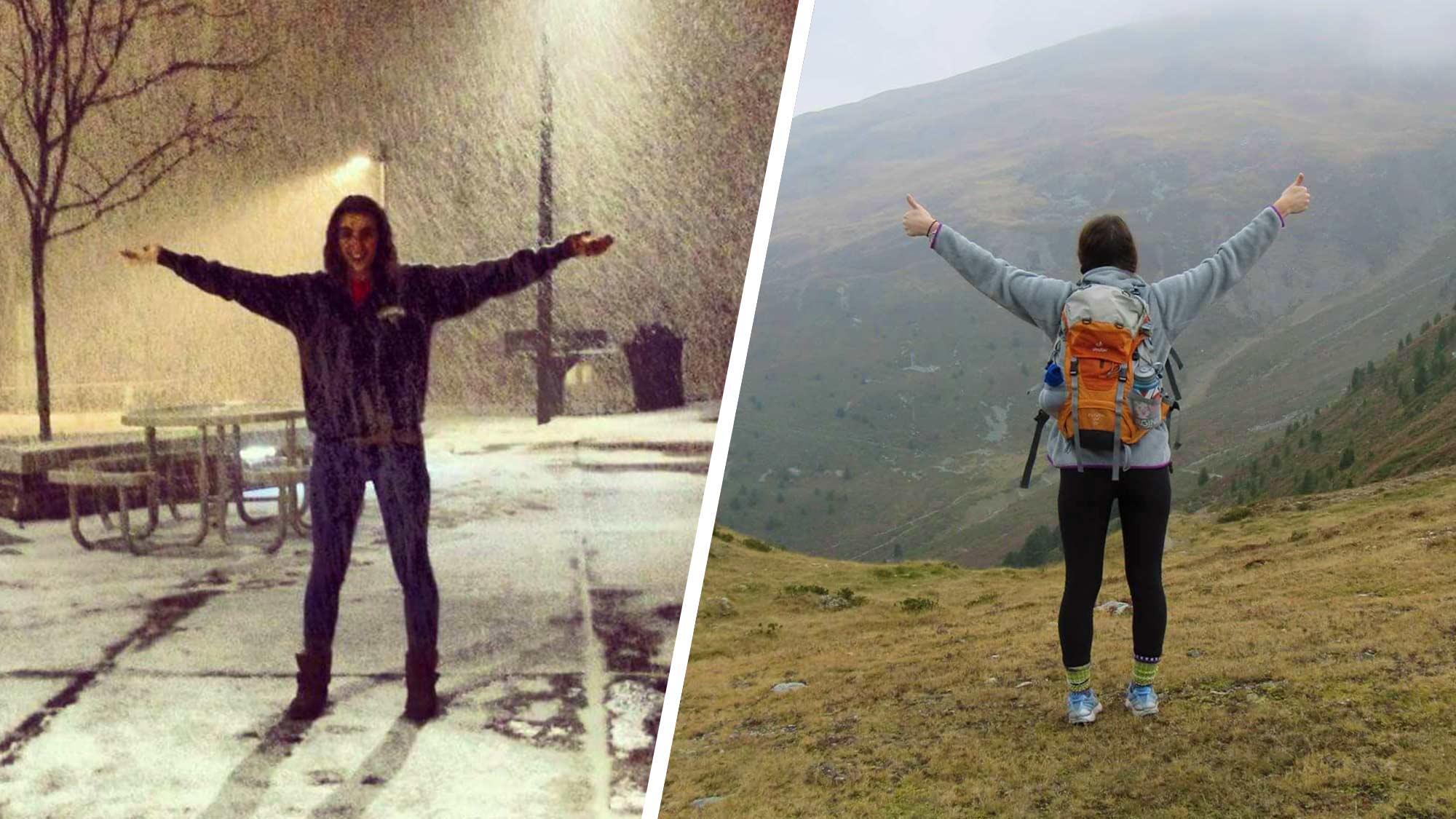 Left: Ritchie stands with her arms out while it is snowing Right: Richie stands with her arms out while standing on top of a mountain in Italy