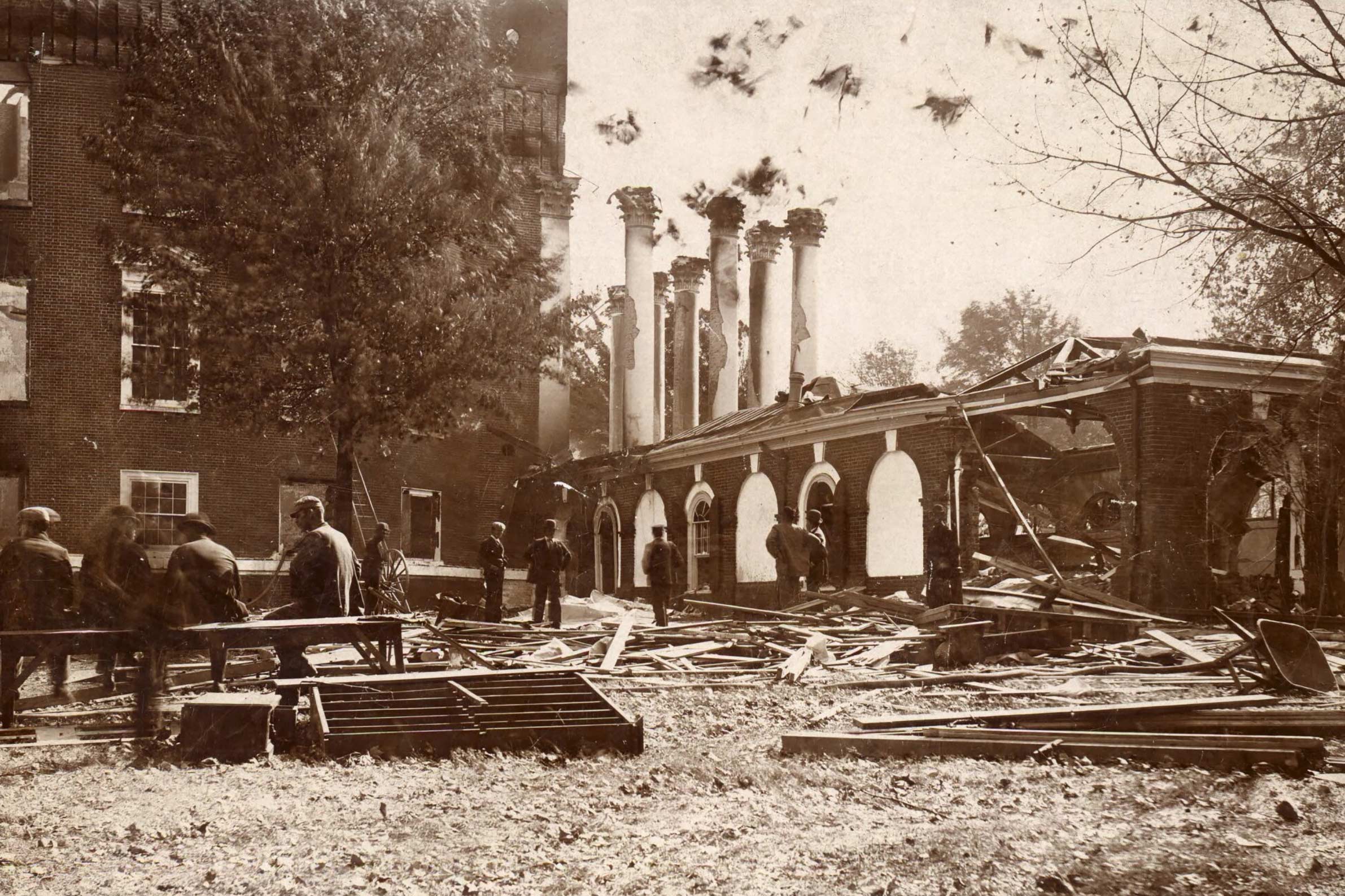 black and white photo of the Rotunda and colonnade in ruins
