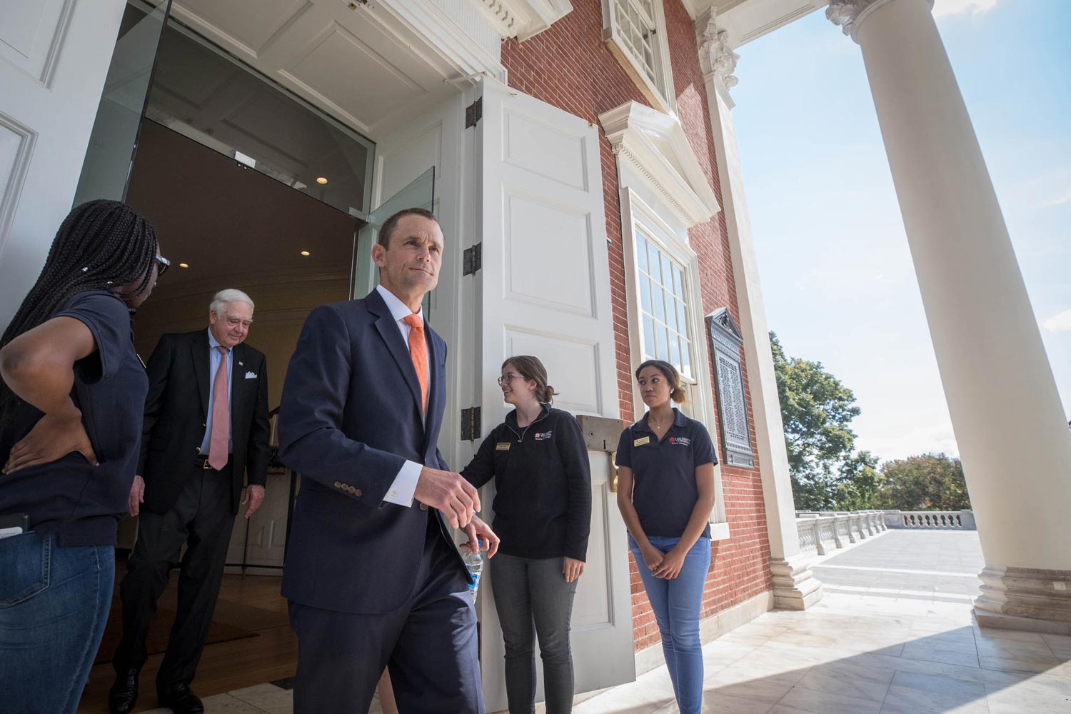 James Ryan emerges from the Rotunda after his unanimous election by UVA’s Board of Visitors. (Photo by Sanjay Suchak, University Communications)