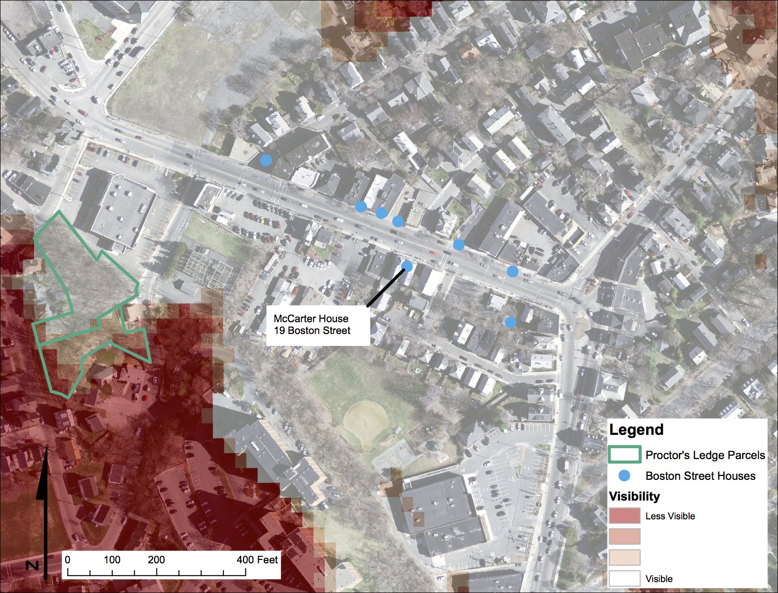 This map shows modern-day Salem, with the parcel of land containing Proctor’s Ledge highlighted in green. The blue dots show the location of several houses on Boston Street in 1692, including the McCarter House, where researchers place Rebecca Eames.