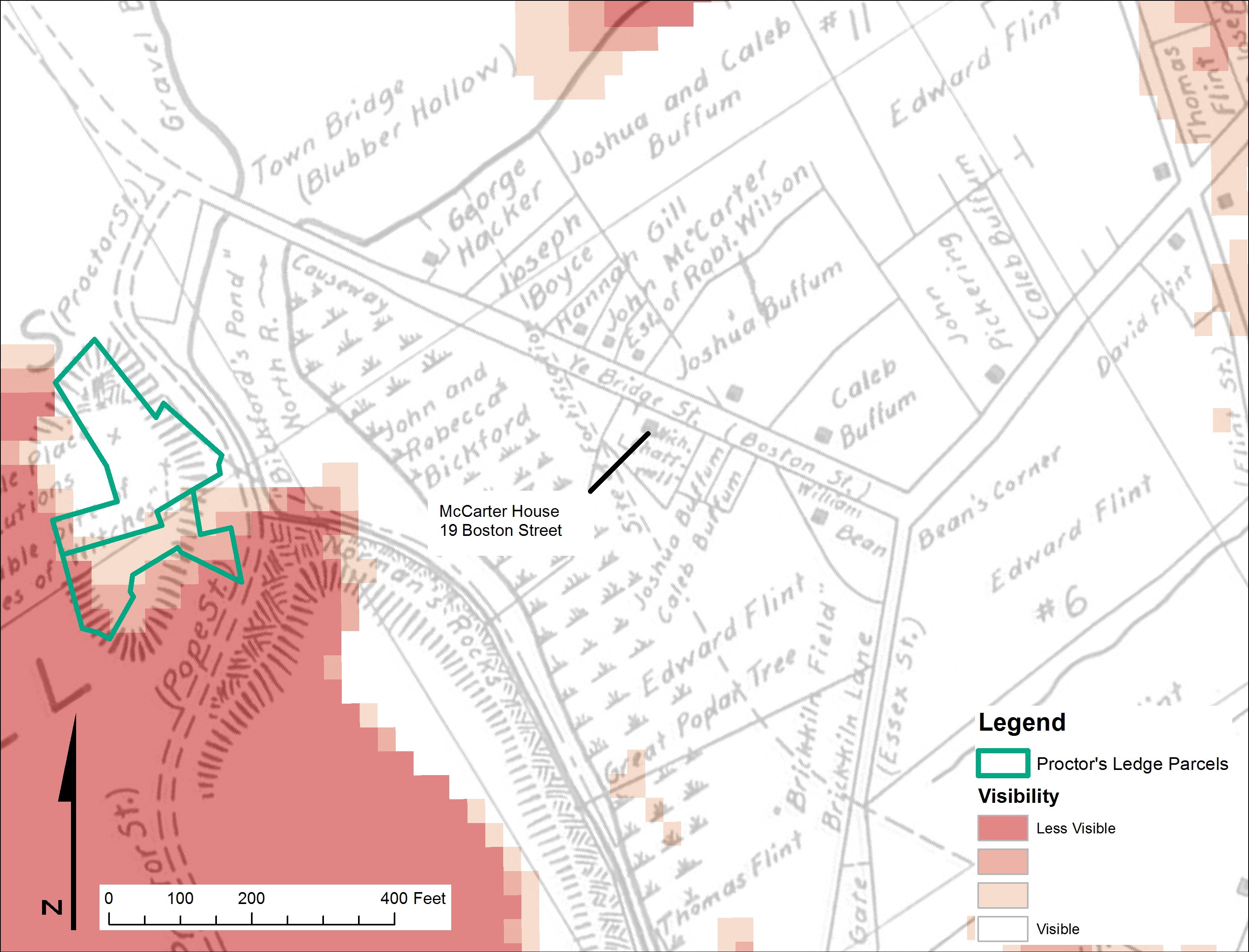 This map shows Gist’s topographical analysis of one of Sidney Perley’s maps of 1692 Salem, with the Gallows Hill common land on the left. The white areas indicate the areas with the best visibility from Boston Street. Condemned prisoners would cross the T