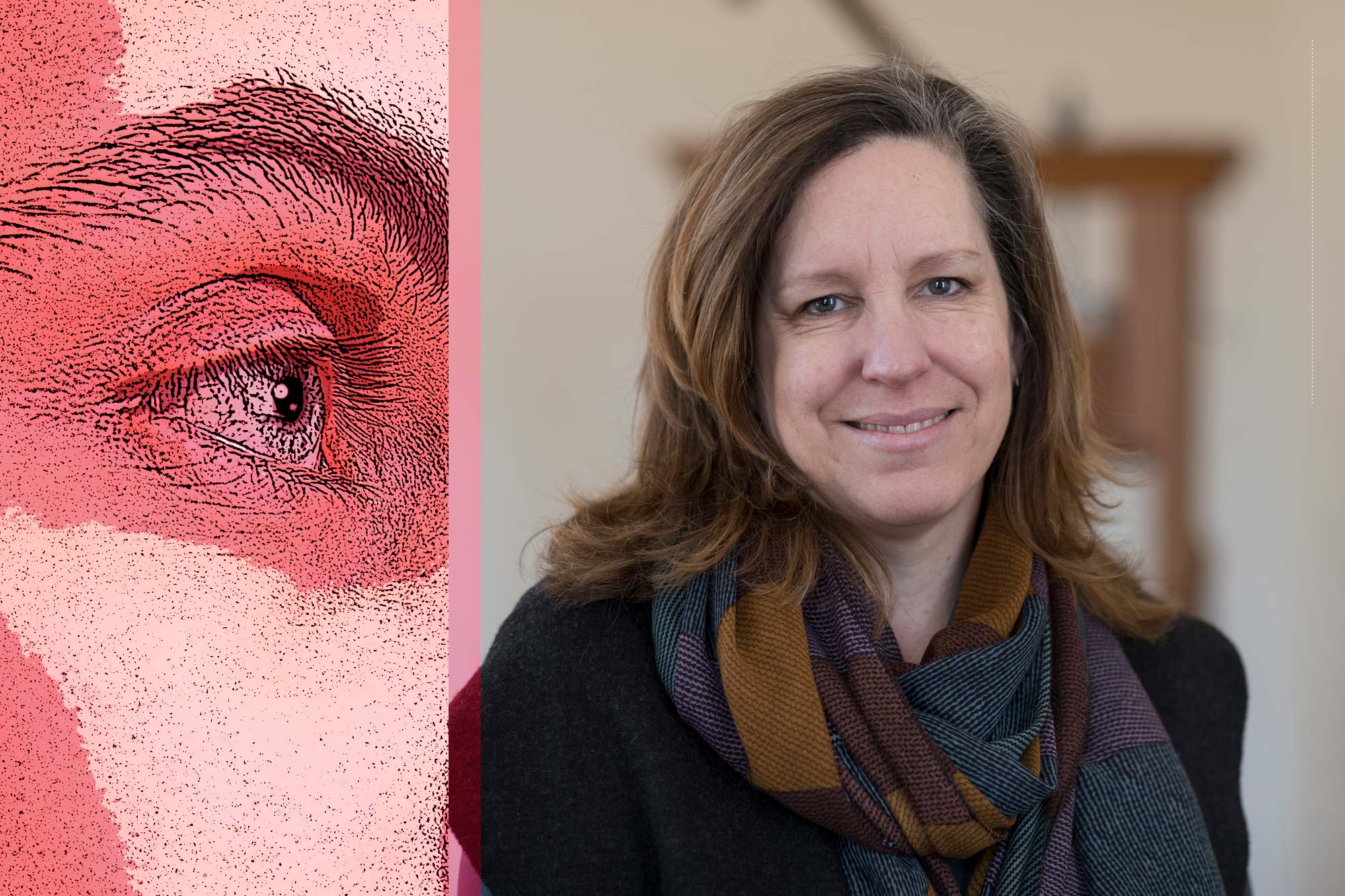Left: upclose image of a eye on a face Right: Molly Schwartzburg headshot