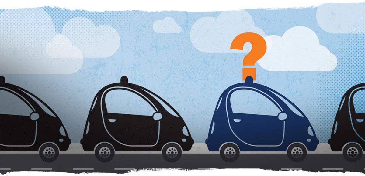 Illustration of blue and black cars on a road with a question mark over the Blue car