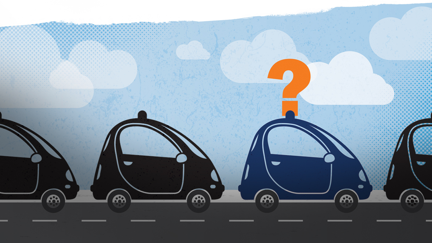 Illustration of blue and black cars on a road with a question mark over the Blue car