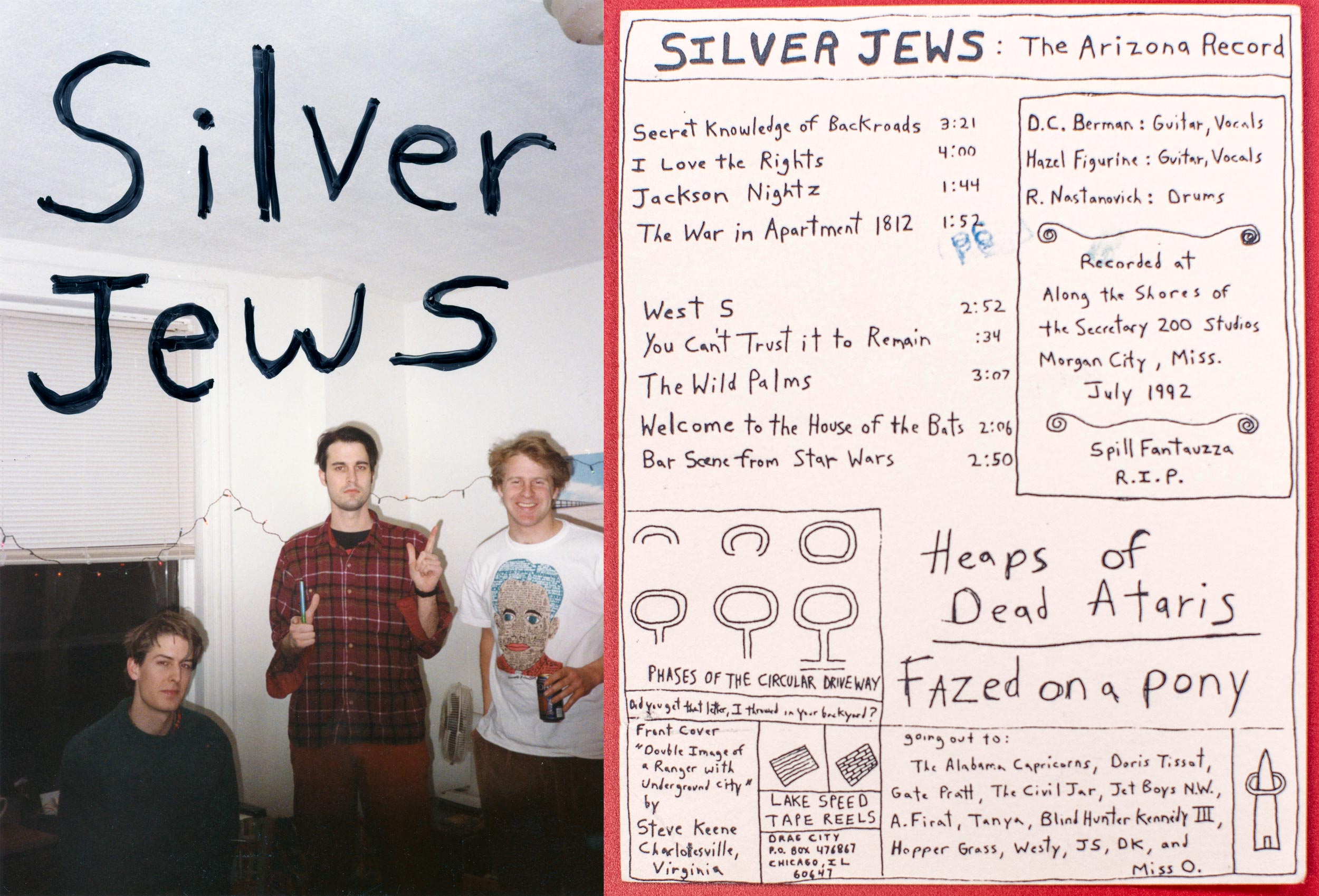Left: Three men posing for a picture  Right: Silver Jews postcard