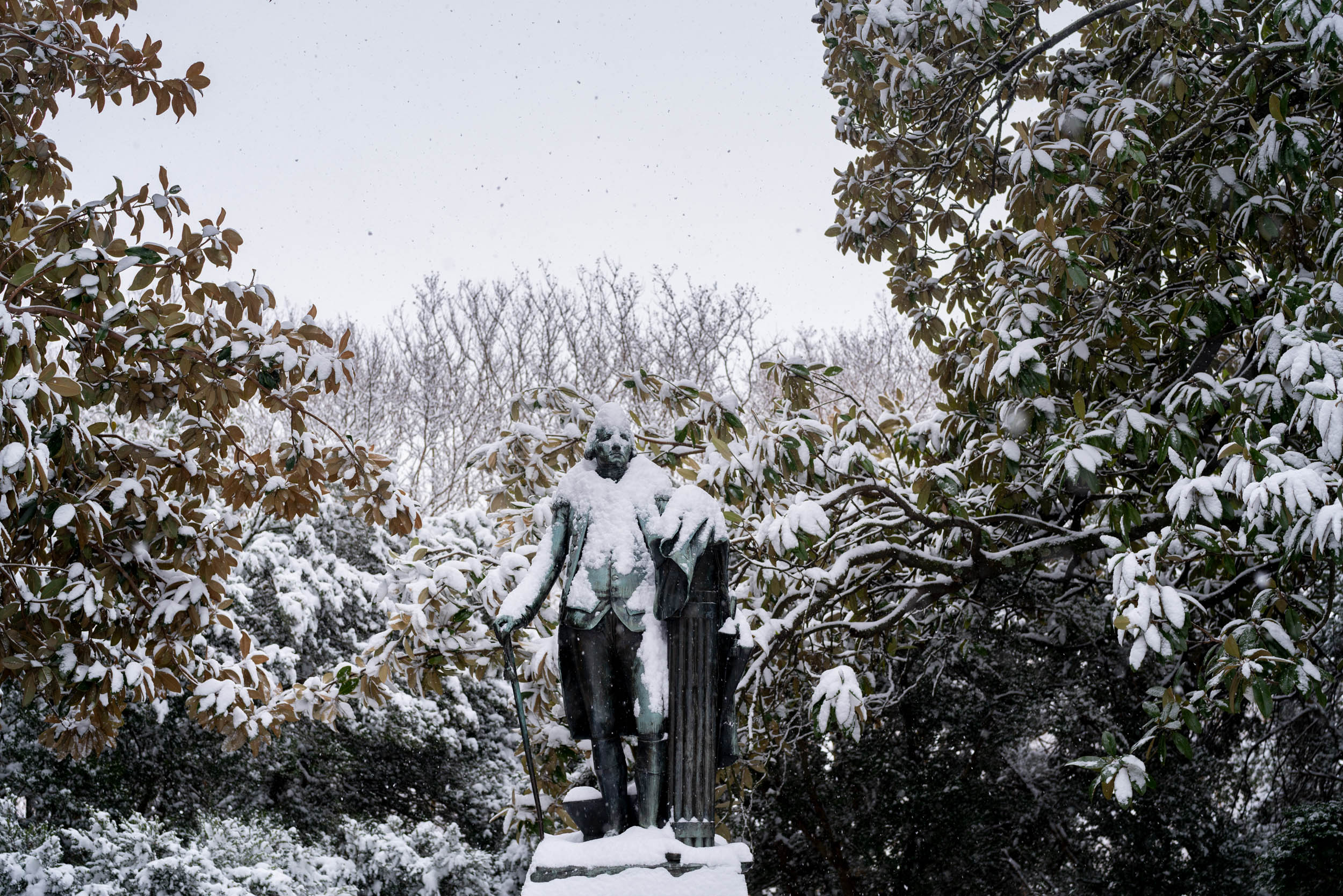 UVA statue covered in snow